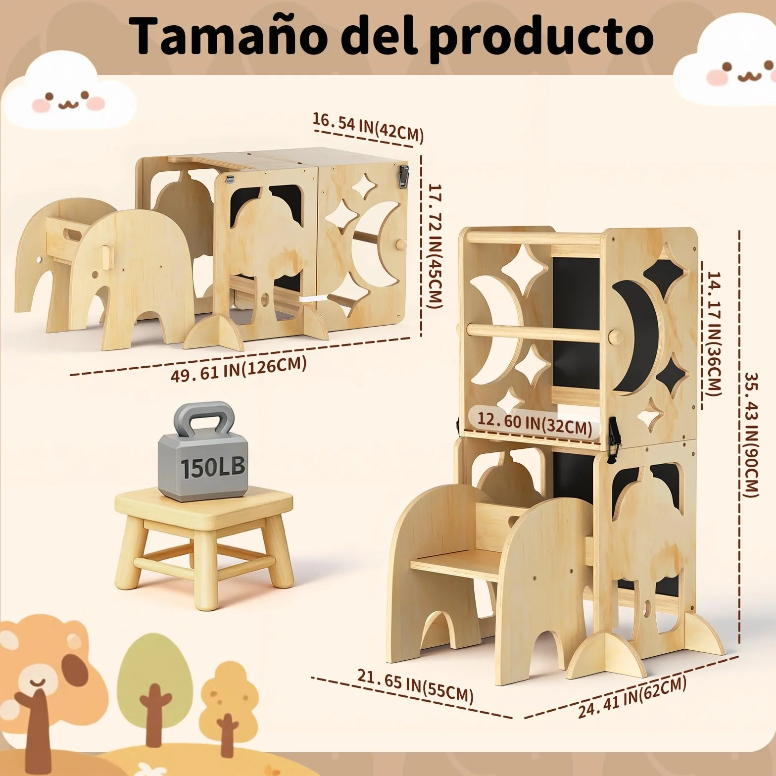 COSYLAND Torre de Aprendizaje Infantil 4 en 1 con Barandilla de Seguridad, Plegable, Doble Pizarra, Natural