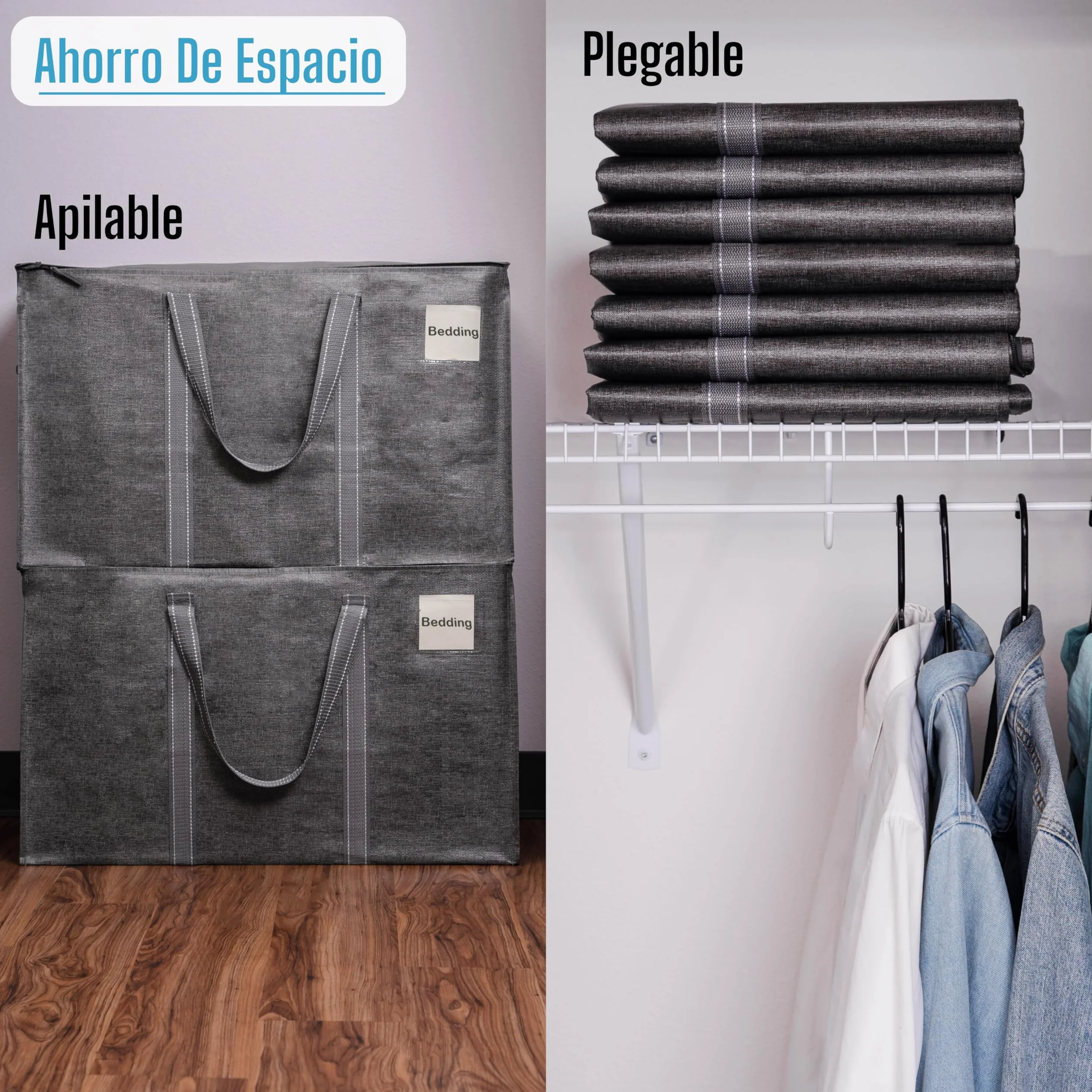 VENO Pack de 4 Bolsas de Almacenamiento para la Mudanza Extra Grande con Cremallera, Alternativa a las Cajas para Mudanzas, Bolsa de Viaje Plegable con Bolsillo para Etiqueta (Gris, Pack de 4)