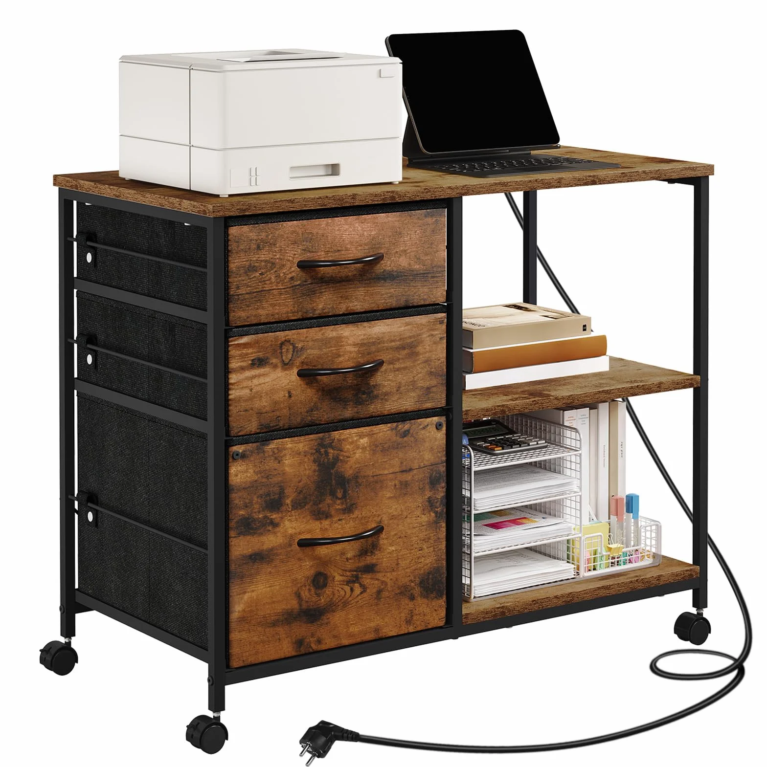 WOLTU Cajonera Móvil con Ruedas, Armario Archivador Movil de 3 Cajones, Gabinete de Metal con Enchufes y Puerto USB, para Oficina y Estudio, 80x40x66 cm, ASK07shm