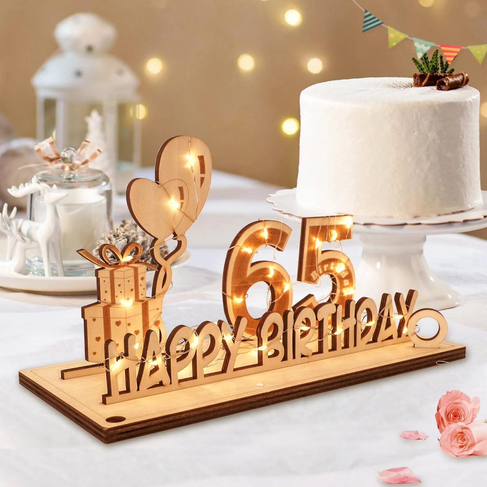 Regalos Originales de 65 Cumpleaños, Seutgjie Decoracion 65 Cumpleaños para Hombre Mujer con Tira de Luces LED y Libro de visitas para Aniversarios