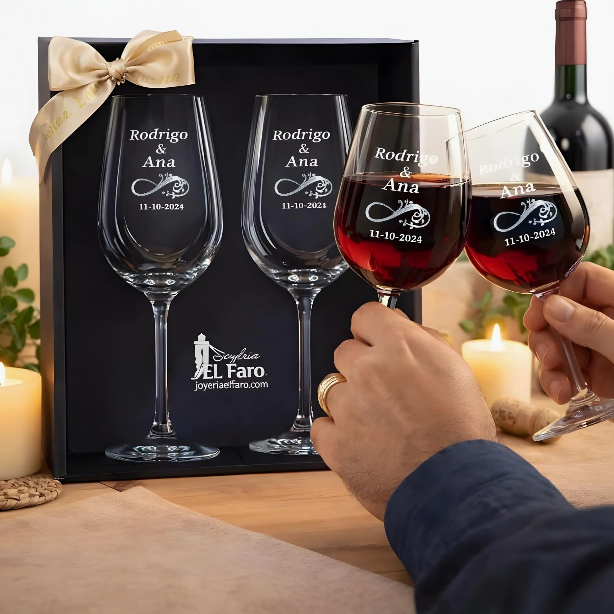 JOYERIA EL FARO | Copas de vino personalizadas | Estuche premium incluido | Brinda y celebra el amor (Infinito)