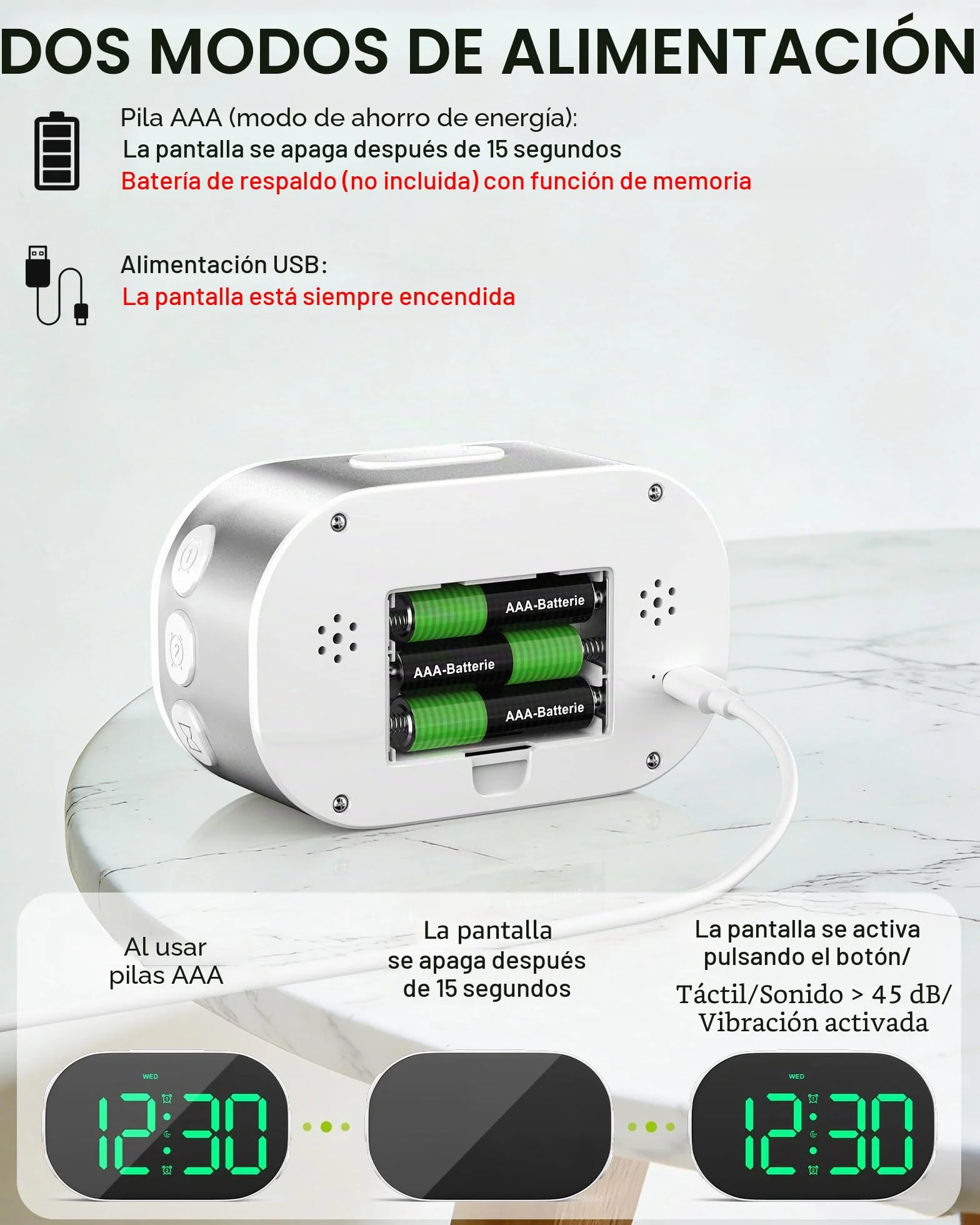 Reloj Despertador Digital de Mesita,Despertador de Aluminio con Números Grandes,Snooze,12/24H,para Dormitorio, Mesita de Noche y Viaje (Plateado)