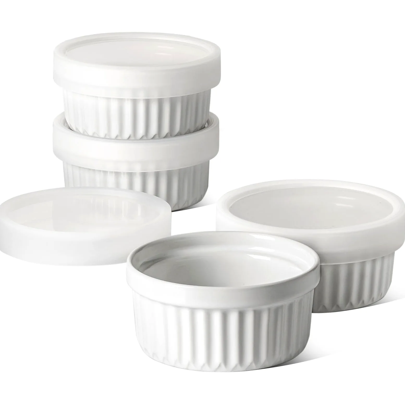 LE TAUCI 6 X 120ml Ramekines, Moldes para soufflé, Tazones de Cerámica Apilables para Air Fryer, Hornear, Pudding, Servir Dip, Custard, Ice Cream, Set de 6, Blanco