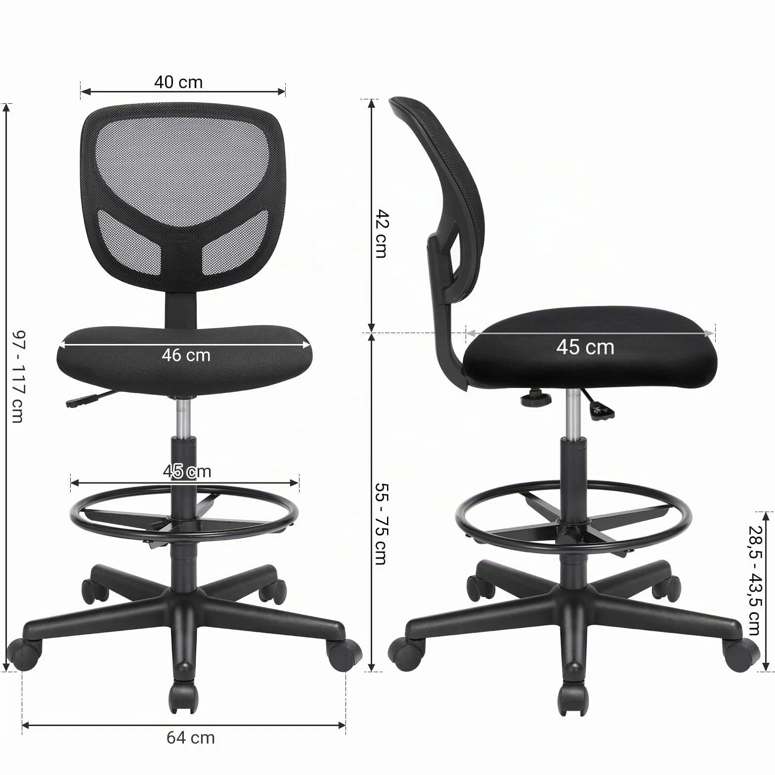 SONGMICS Silla de Malla Giratoria, Altura y Reposapiés Regulables, Silla de Dibujo Ergonómica, Silla de Oficina sin Reposabrazos, Asiento de Tela, Carga máxima de 120 kg, Negro OBN15BK