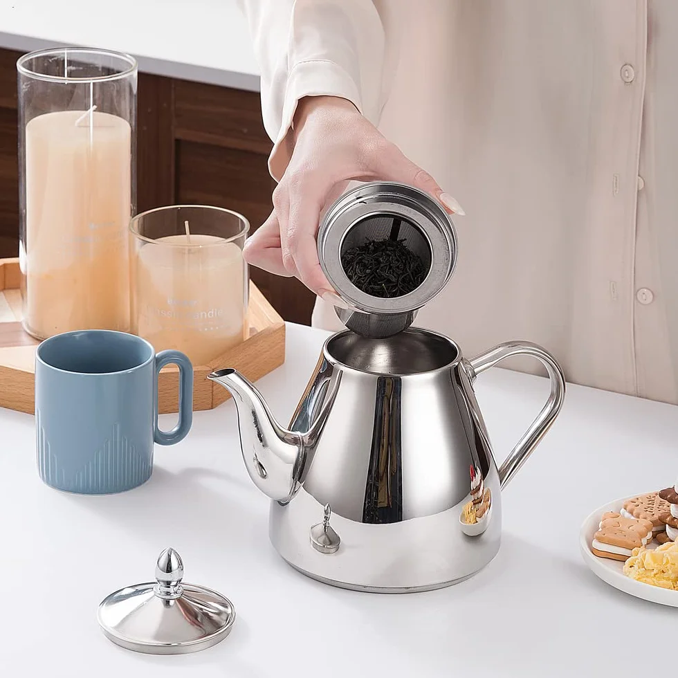 SANQIAHOME 1,2 litros Tetera de acero inoxidable con Filtro para infusiones extraíble,Cafetera, De Plata