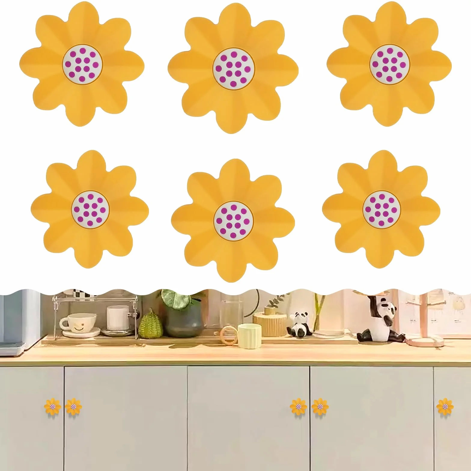 Juego de 6 pomos de goma suave para muebles de jardín de estilo místico, para niños, niñas, jóvenes, para armarios y cajones, juguetes (flores amarillas)