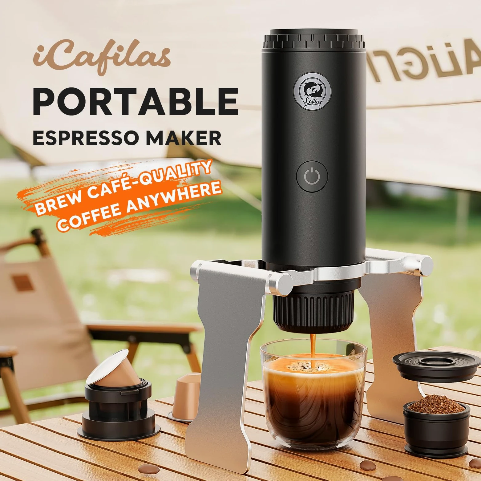 Cafetera espresso portátil con autocalentamiento, cafetera eléctrica de viaje de 19 bares para campamento y coche, mini máquina de espresso 2 en 1 compatible con cápsulas Nespresso y café molido