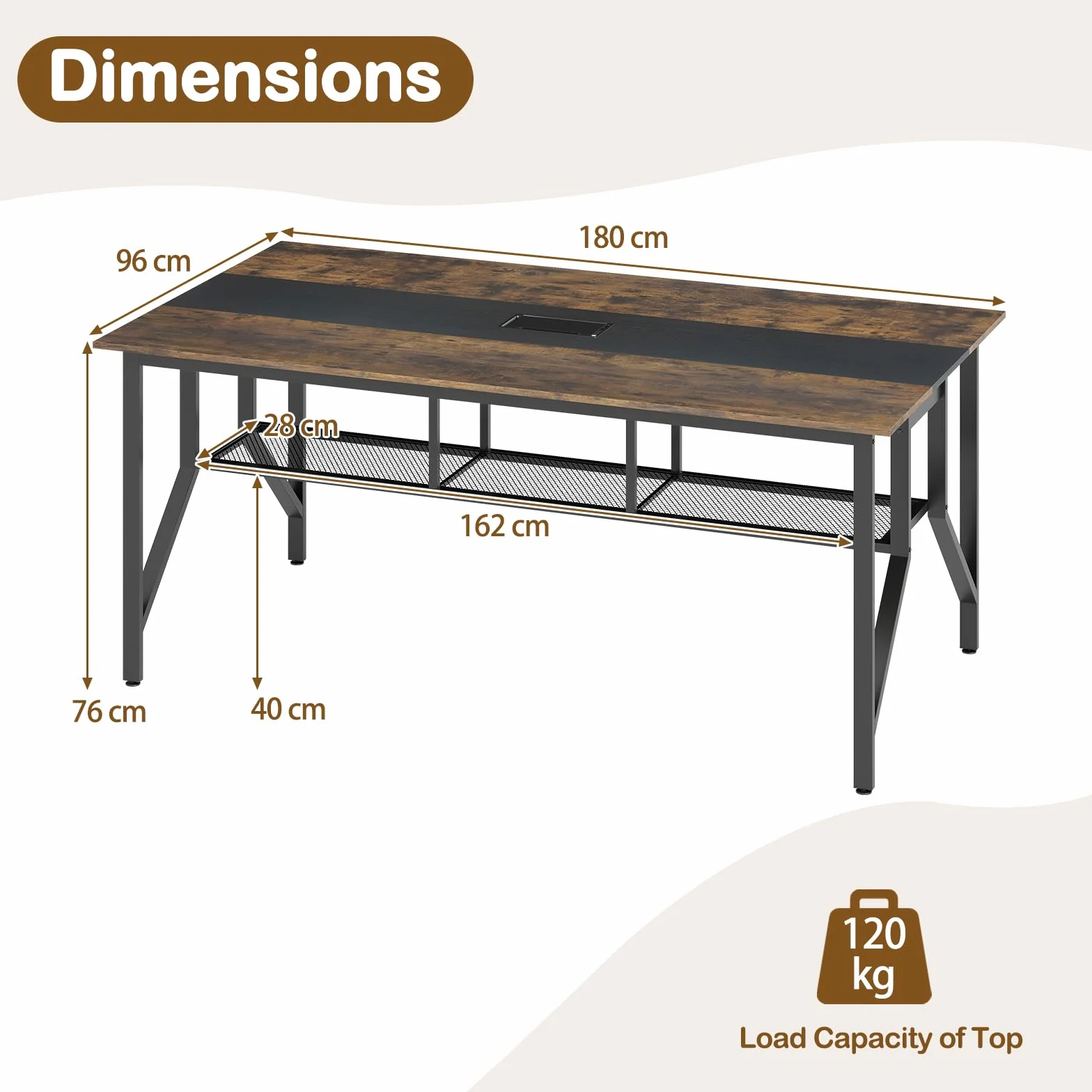 GIANTEX Mesa de Conferencia Rectangular, Mesa de Reuniones Grande con Pasacables y Estante de Almacenamiento, Estructura de Metal, 180 x 96 x 76 cm, para Oficina, Casa