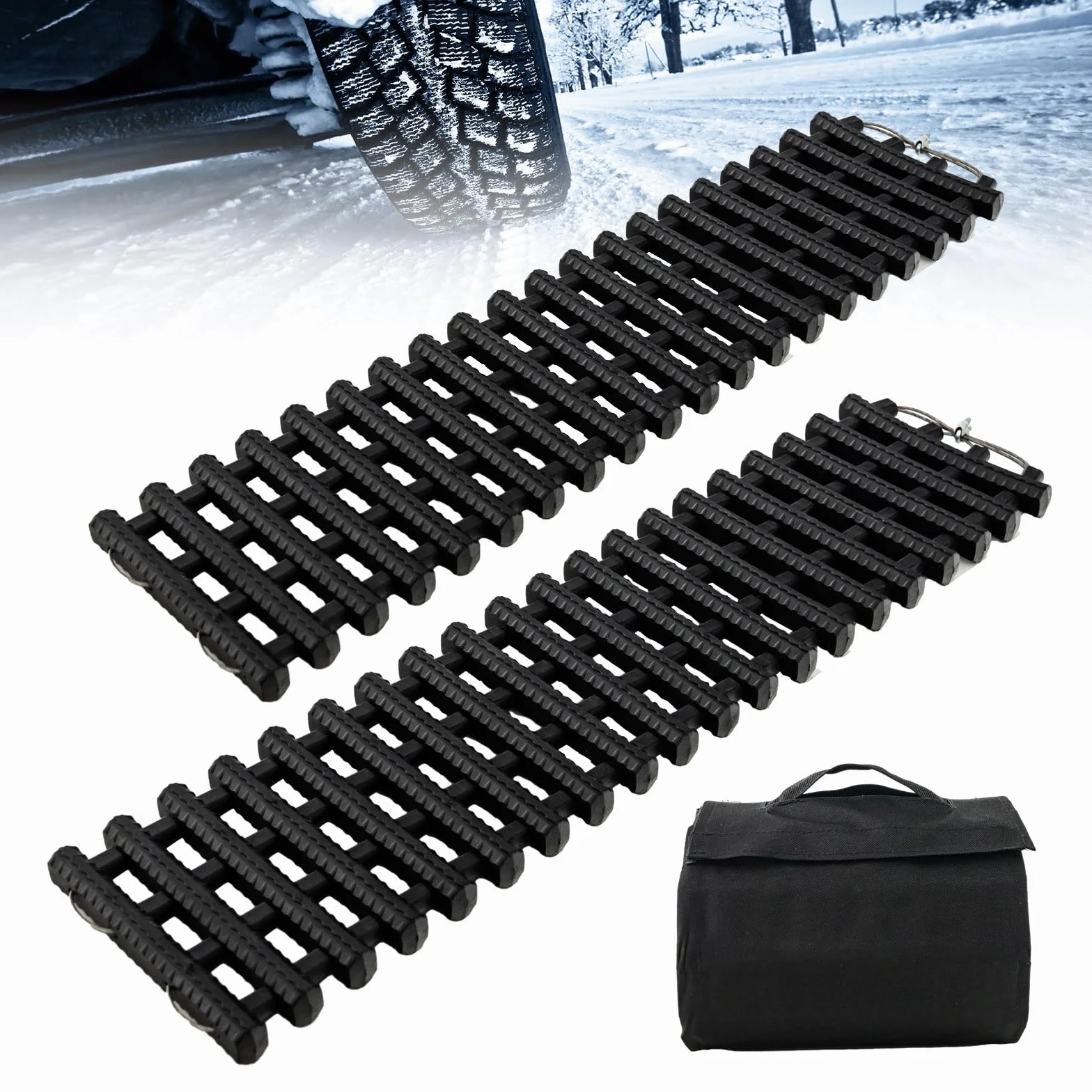 COSTWAY Juego de 2 Almohadilla Antideslizante Para Neumáticos, Alfombra de Tracción Enrollable de TPR, Tablas de Recuperación Plegable con Bolsa para Nieve, Hielo, Barro, Arena (82 x 21 x 2,8 cm)