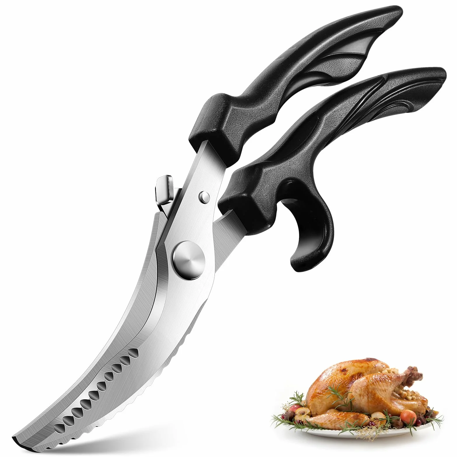 PURPLEBIRD Tijeras para Aves, Tijeras de Cocina Profesionales de Acero Inoxidable, con Cierre de Seguridad & Mango Antideslizante, Borde Dentado, Tijera en para Pollos para Carne, Verduras y Huesos