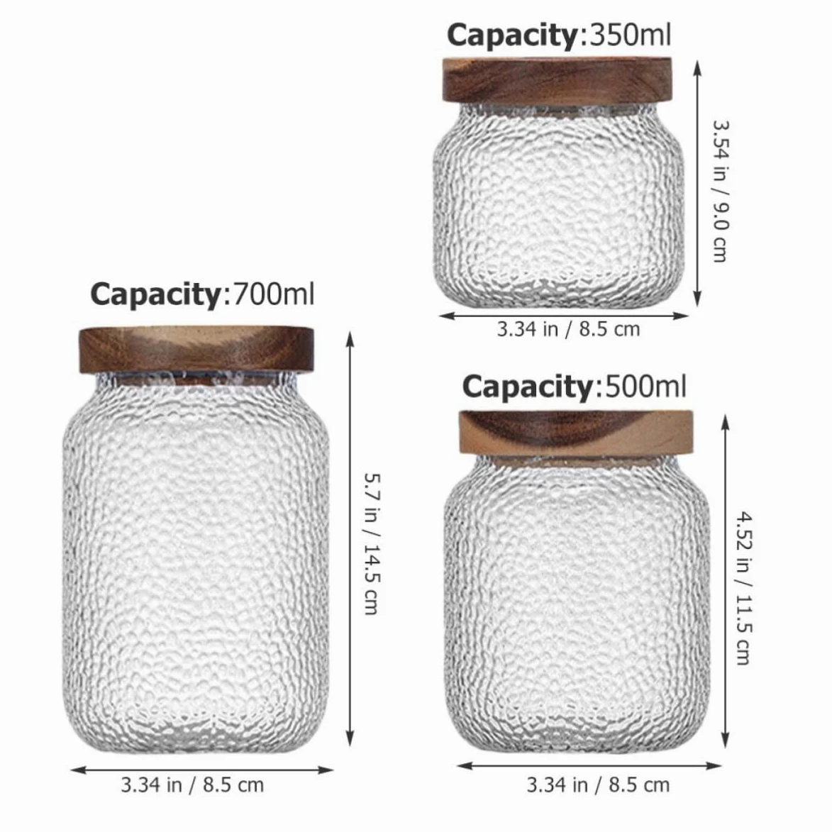 Tarros Herméticos Capacidad 350ml, 500ml y 700ml Juego de 3 de Vidrio con Tapa de Madera de Acacia Recipientes Multipropósito para Almacenamiento de Café y Té