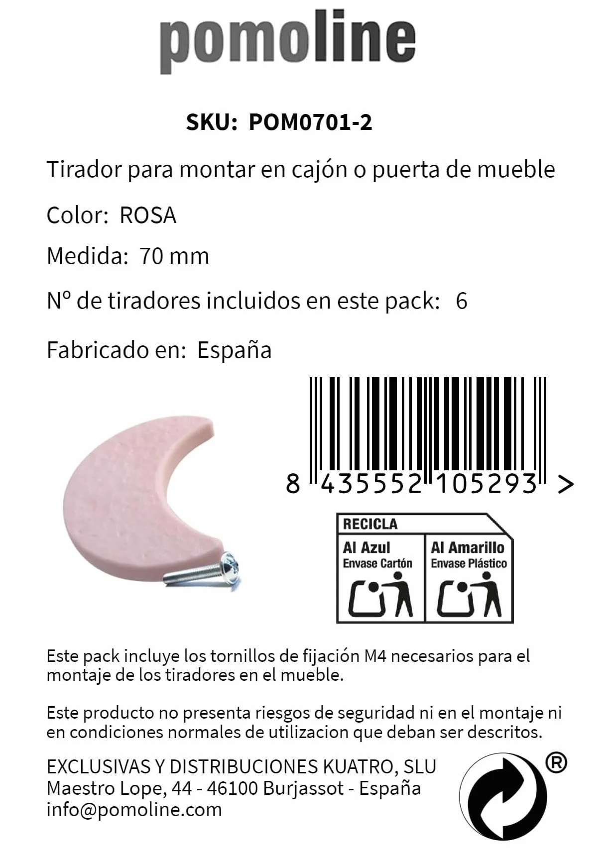 6 Un. TIRADOR Pomo Mueble Infantil Luna plástico rosa habitación BEBÉ 70X55X20mm