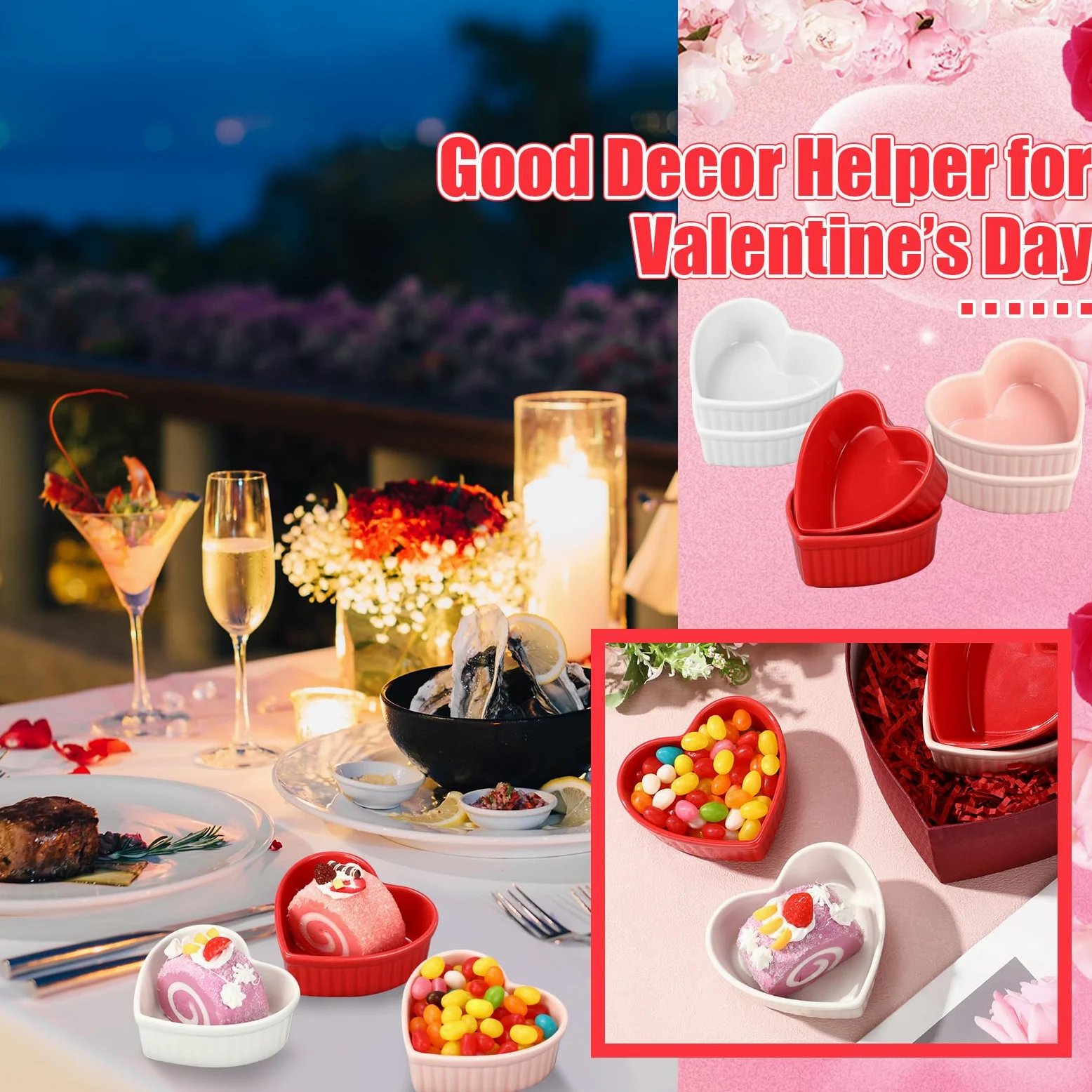 Ramequines de cerámica con forma de corazón para el día de San Valentín, 6 onzas, aptos para horno, platos de crema brulee, cuencos pequeños para hornear, para cocina, fiesta, aperitivos, servir,