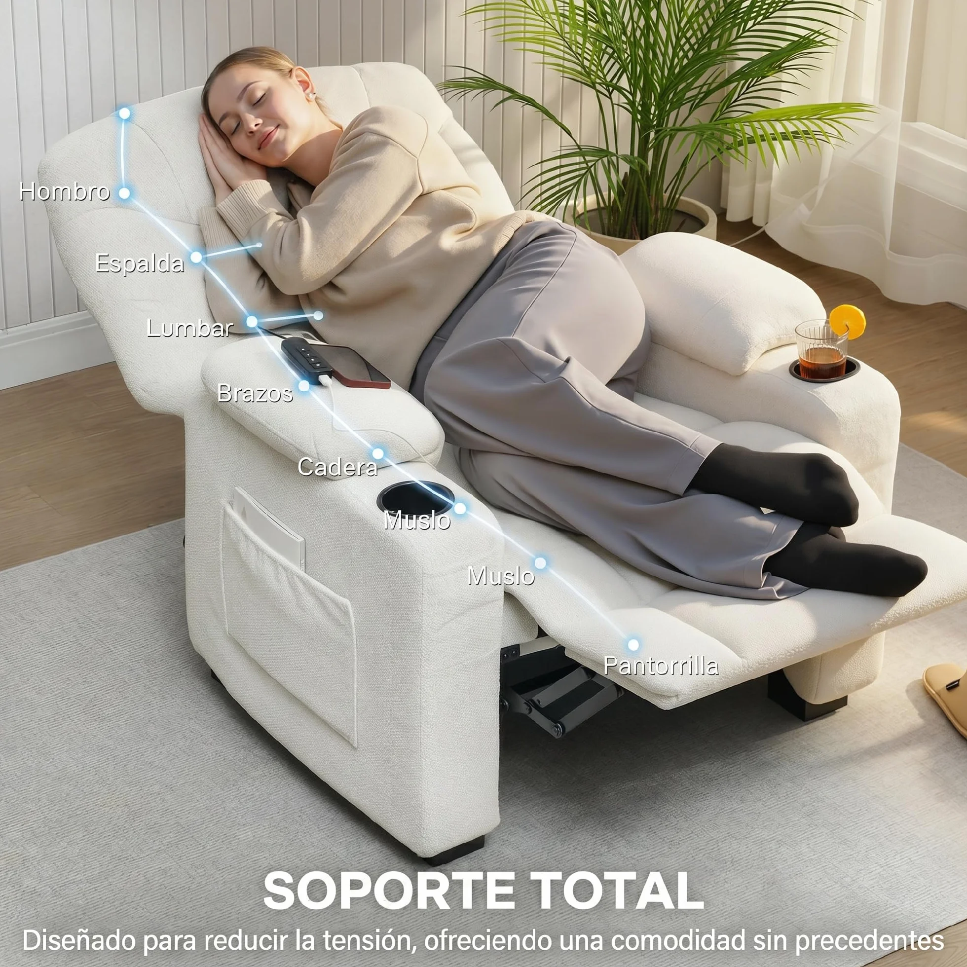 HOMCOM Sillón Relax Reclinable Eléctrico, Sillón Reclinable Silencioso con Función Memoria, Reposapiés, Mando a Distancia, Bolsillos Laterales, Portavasos y Puerto USB, para Dormitorio, Salón, Crema
