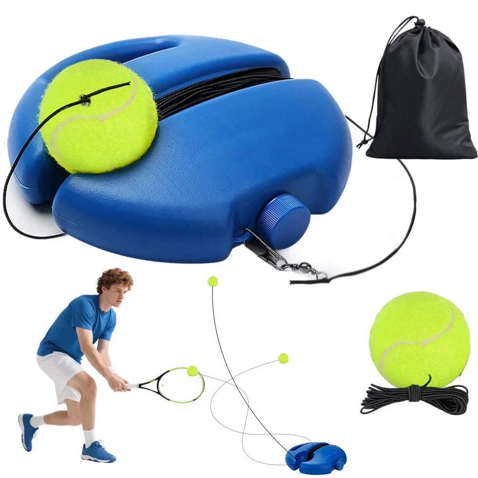 Juego de entrenamiento de tenis, tabla de base con 2 pelotas de tenis, equipo de tenis portátil, pelota de tenis, práctica de tenis con cuerda, set para exteriores, jardín, parque, para niños y
