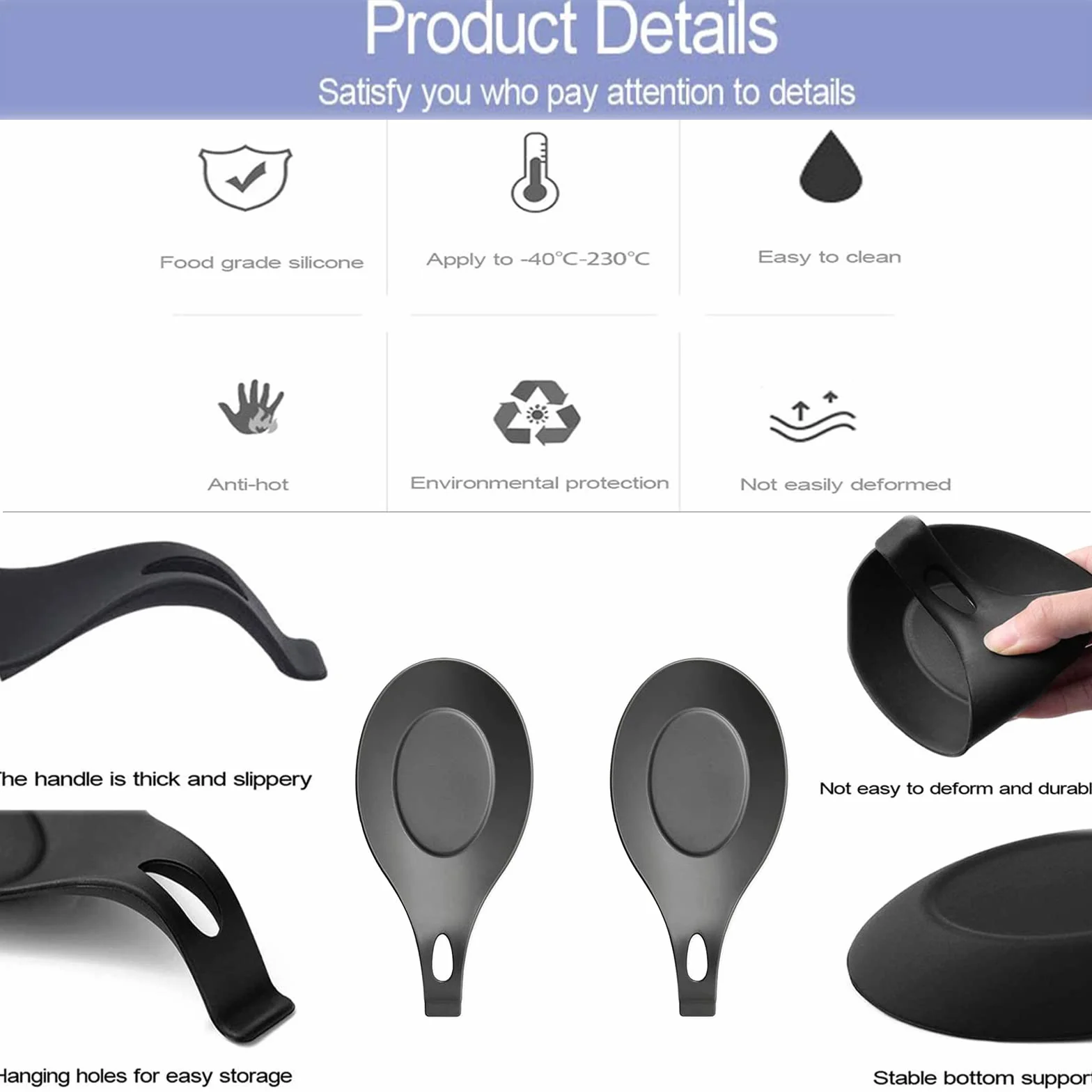 2 Piezas Kitchen Silicone Big Spoon Rest, Reposa Cucharas Silicona de Grado Alimenticio, Soporte De Cuchara Negro, para Cocina Hogar Comedor Utensilios de Almacenamiento de Cocina - Negro