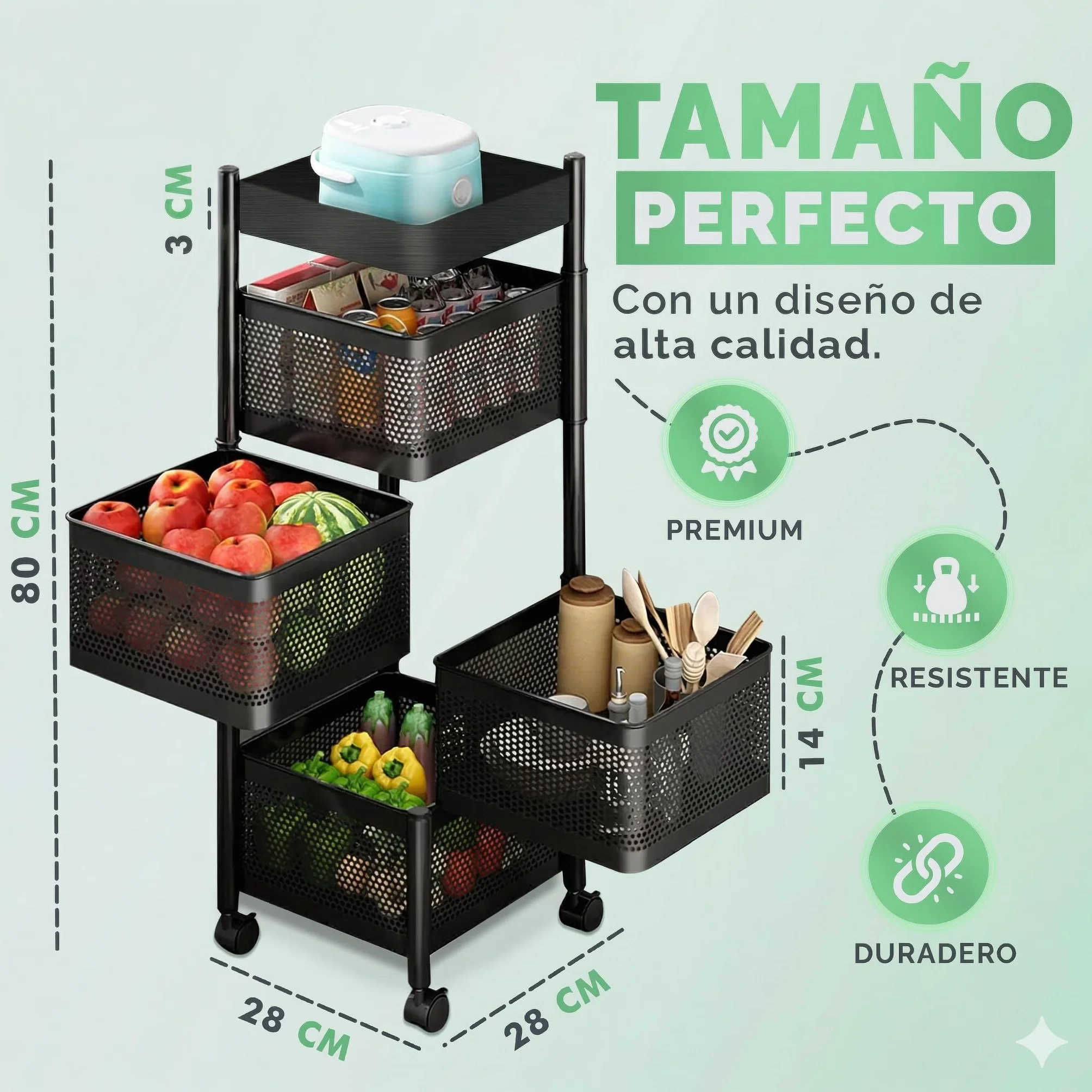 JUPPLIES Carrito Auxiliar con Ruedas - Cesta de Almacenamiento Ahorra Espacio 4 Niveles - Carrito Cocina Giratorio - Estante Cocina, Baño, Estante para Frutas y Verduras