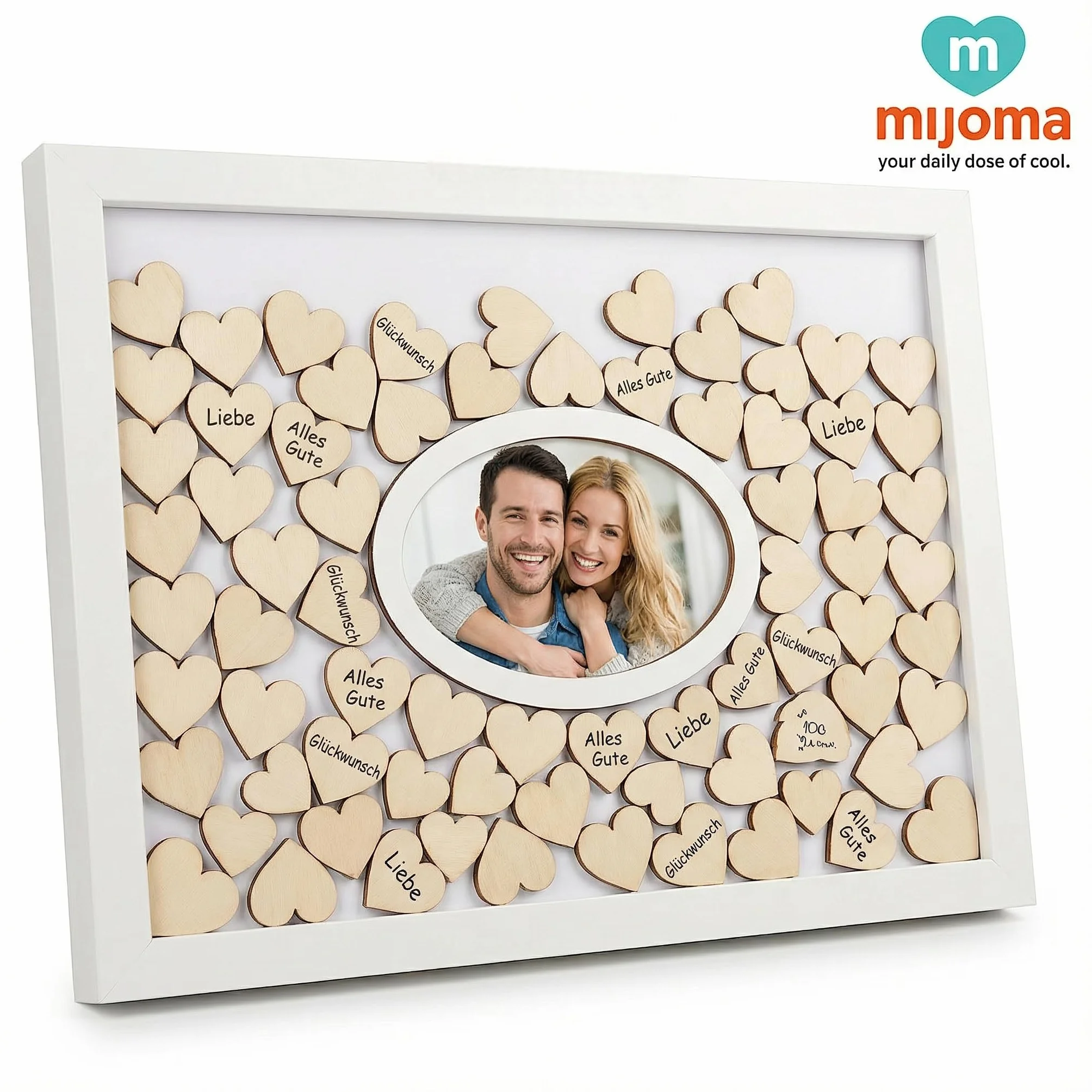 MIJOMA Marco de fotos de libro de visitas, recuerdo con 72 corazones de madera, para bodas y fiestas, color blanco y natural