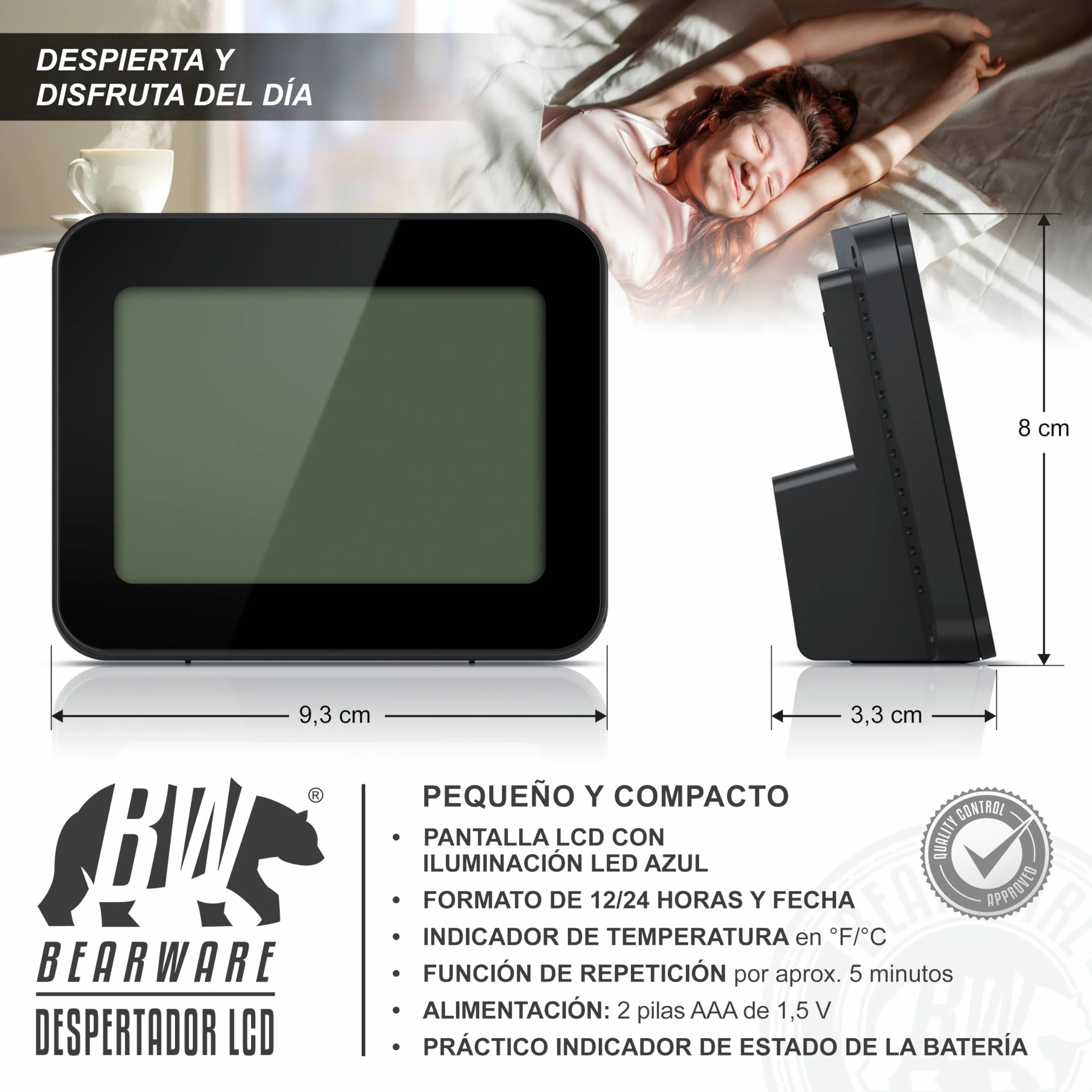 Reloj Despertador Digital con 9cm Pantalla LED de Temperatura Fecha y día, Alarm Cloc Snooze Termómetro Formato 12/24 Horas, Reloj Digital de Mesa de Viaje para Sala de Oficinas Familiares