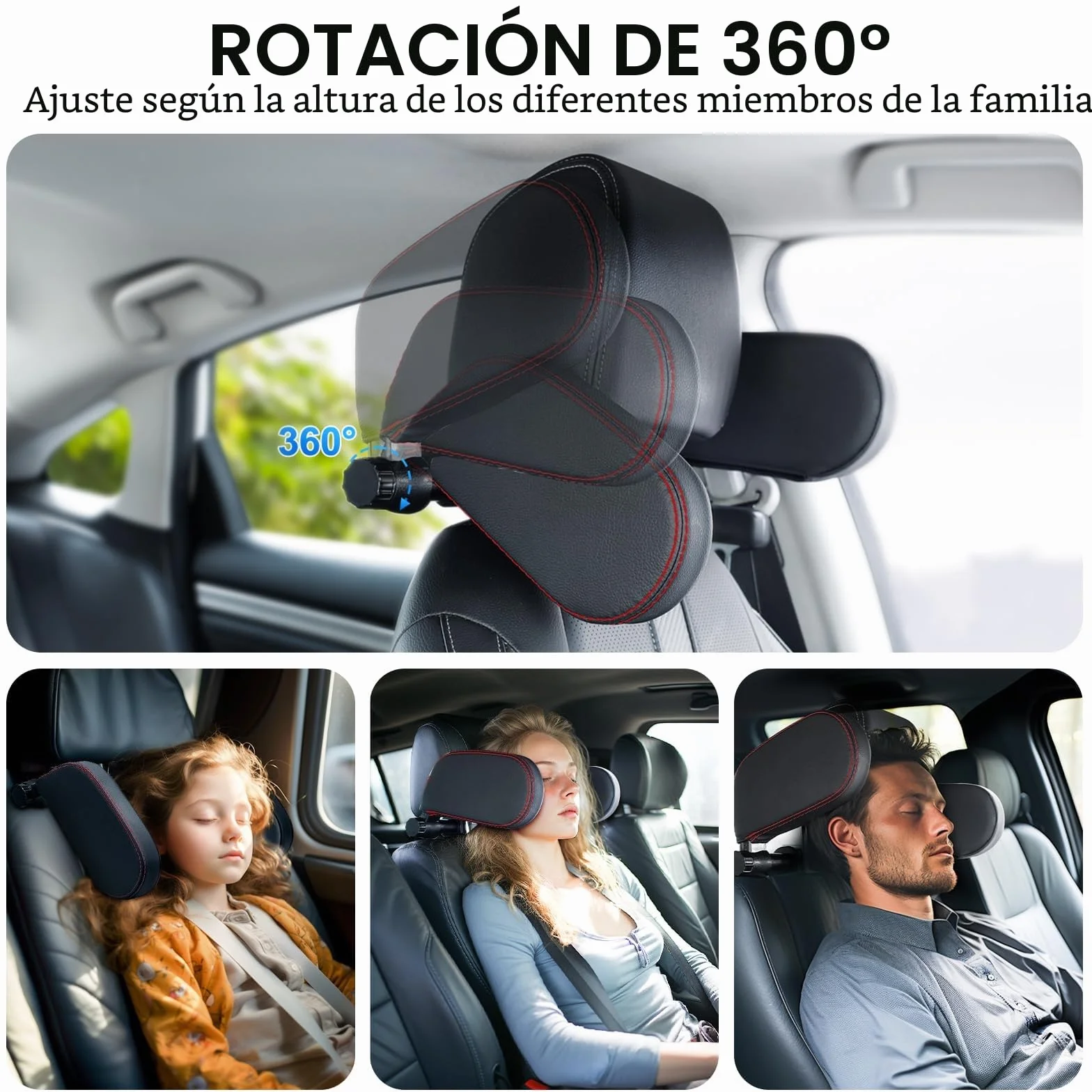 KAEFUYS Reposacabezas Coche Ajustable de 360 ​​​​°para Niños y Adultos Reposacabezas para Automóvil Fácil de Instalary Desmontable Material Suave y Transpirable para una Experiencia de Viaje Cómoda