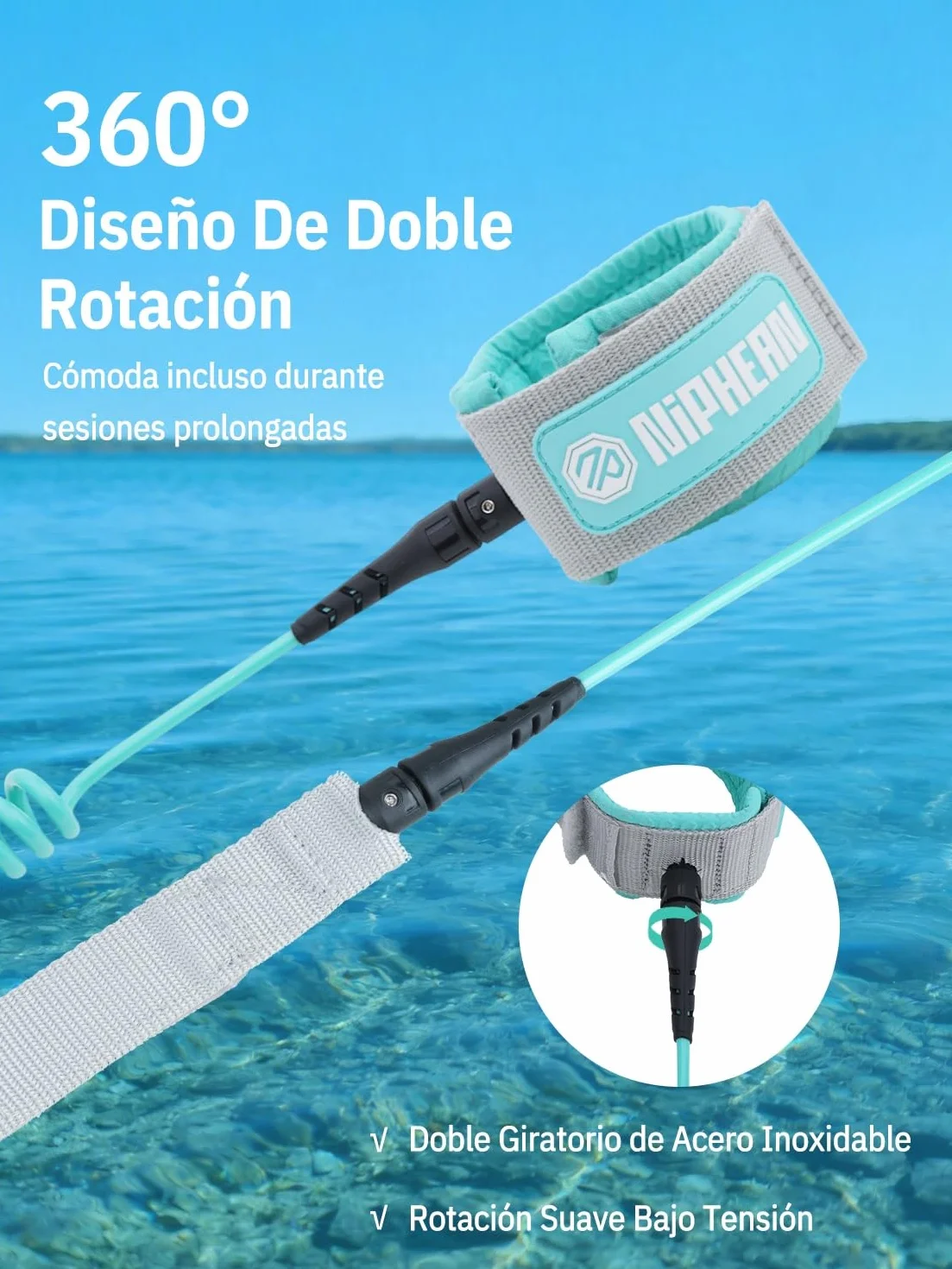 Niphean Leash Paddle Surf 1-3 m, Correa Elástica Espiral 5 mm Tobillo, Antienredos Ajustable para SUP Surf Bodyboard