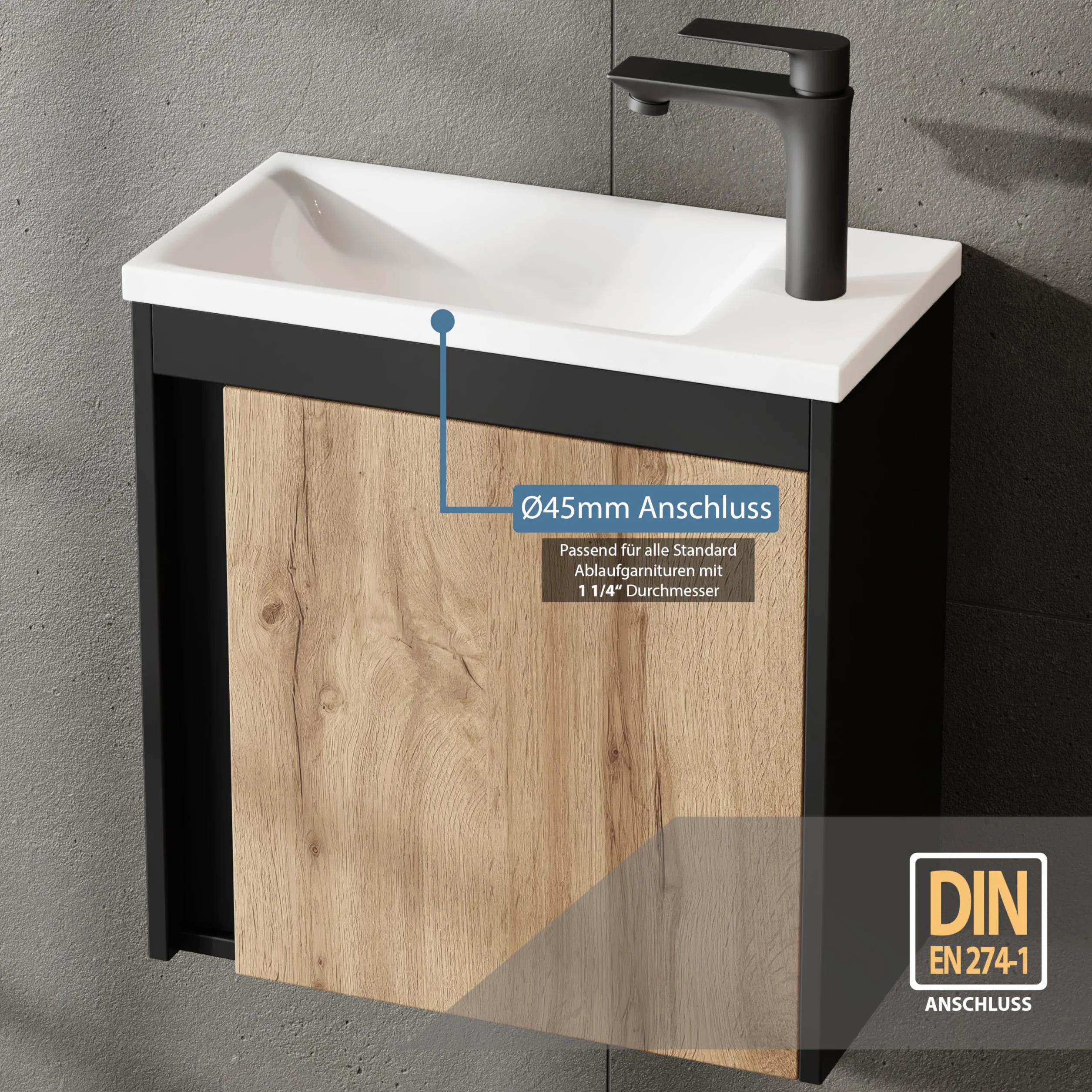 Planetmöbel Juego de muebles de baño de 2 piezas, Lavabo con armario inferior, 50 x 48,3 x 24,8 cm, Negro Mate/roble Wotan, Armario bajo lavabo con lavabo blanco