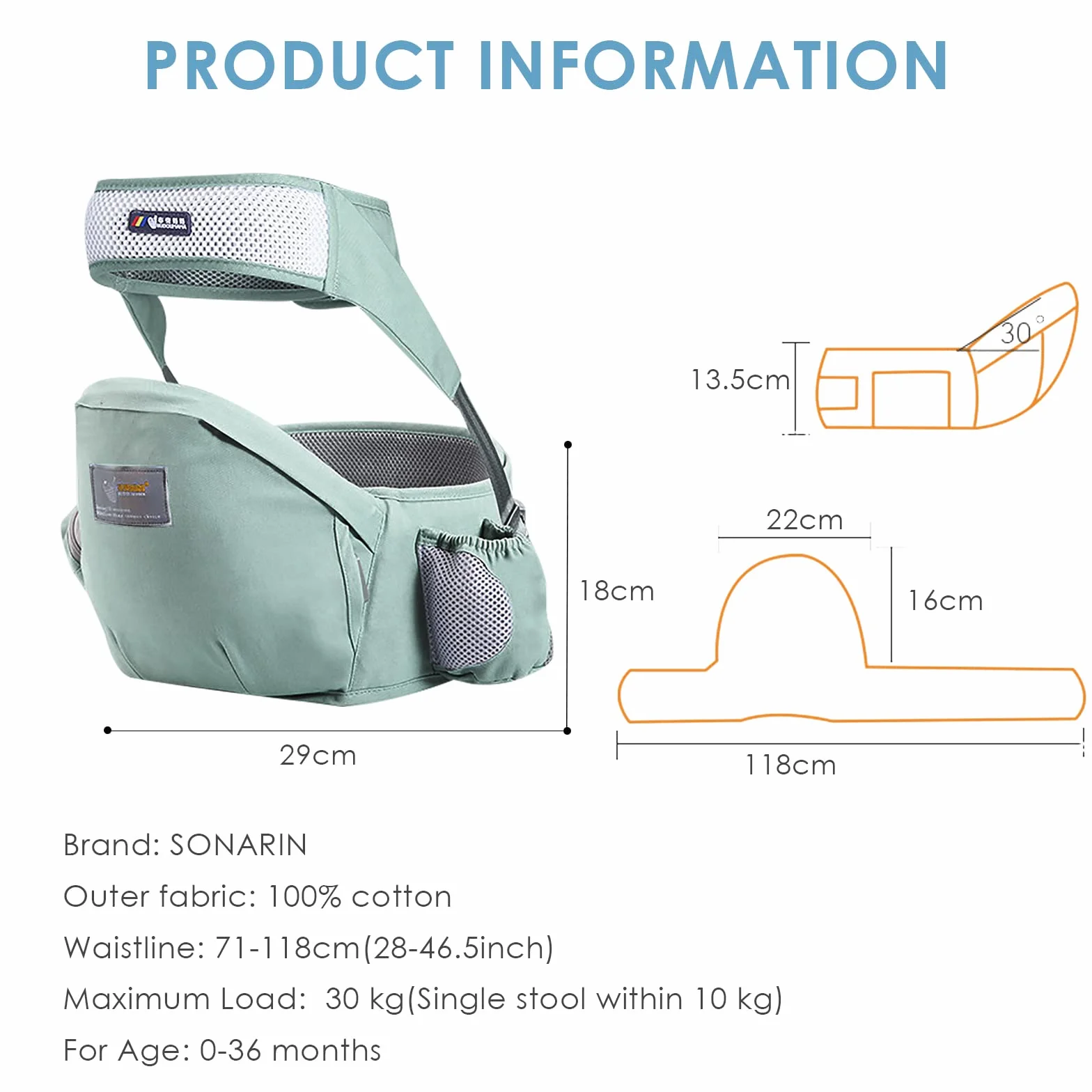 SONARIN Portabebé Asiento de Cadera Ergonómico Taburete de Cintura Algodón con Cinturón de Seguridad Verde