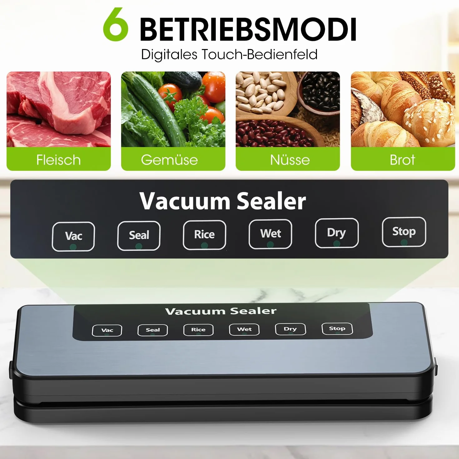 Vexloria Máquina de Vacío 65Kpa, 5 en 1 Conservación de Alimentos | Modos Seco y Húmedo | 30 Bolsas de Vacío Incluidas | Vakuumizador Profesional para Alimentos, Negro