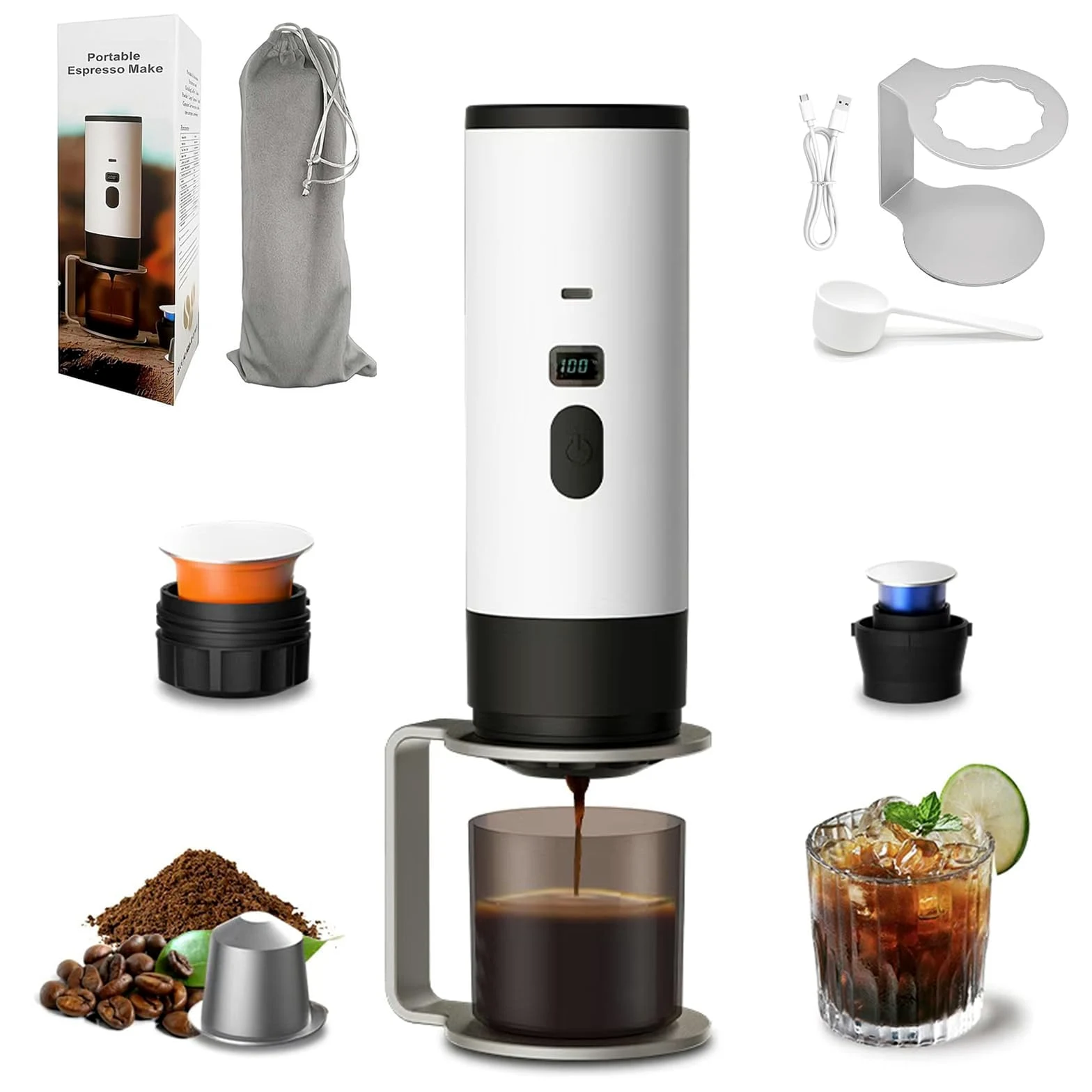 Cafetera portátil 3 en 1 con pantalla LED, tanque de 90 ml, autocalentamiento, compatible con café molido y cápsulas de espresso