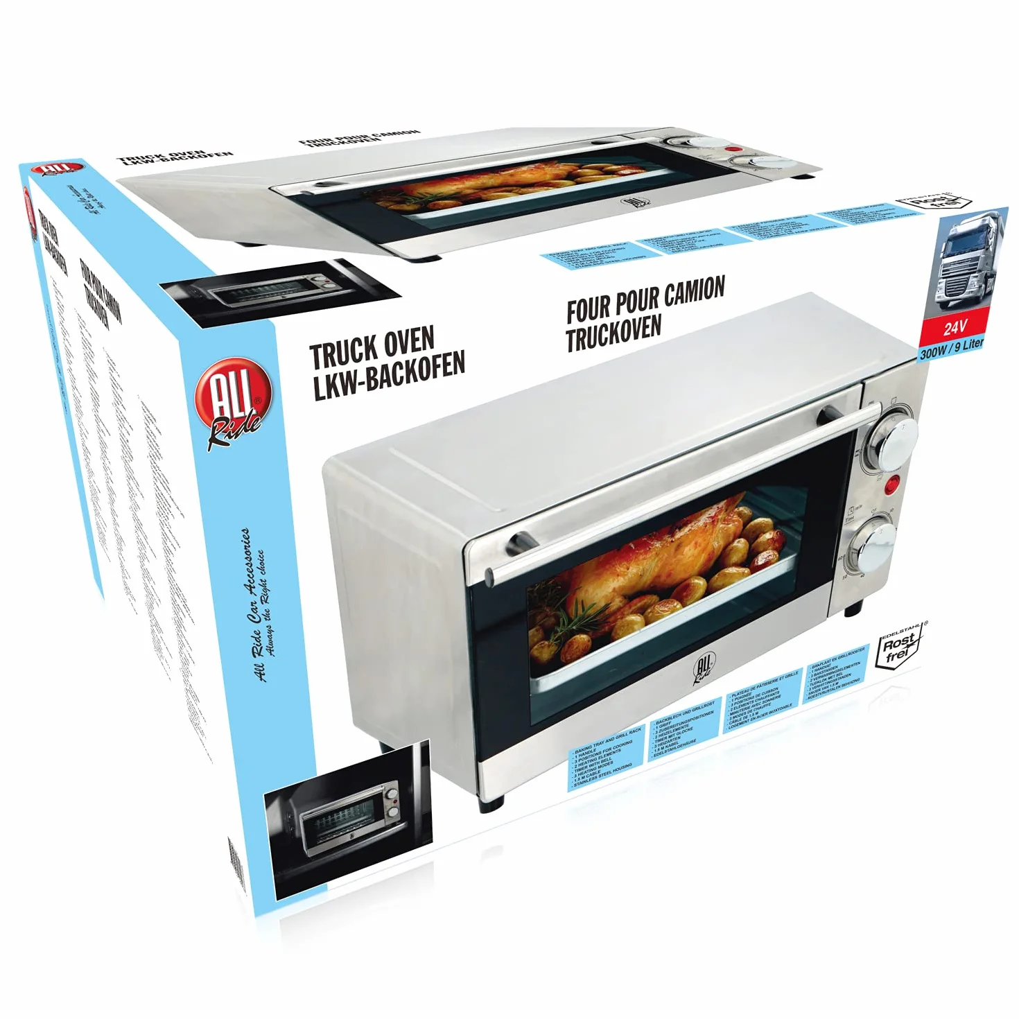 All Ride Horno - Horno de 24 v Camion - Mini Horno para Viajes en Camión o Caravana - 300 Vatios - 9 Litros - Acero Inoxidable
