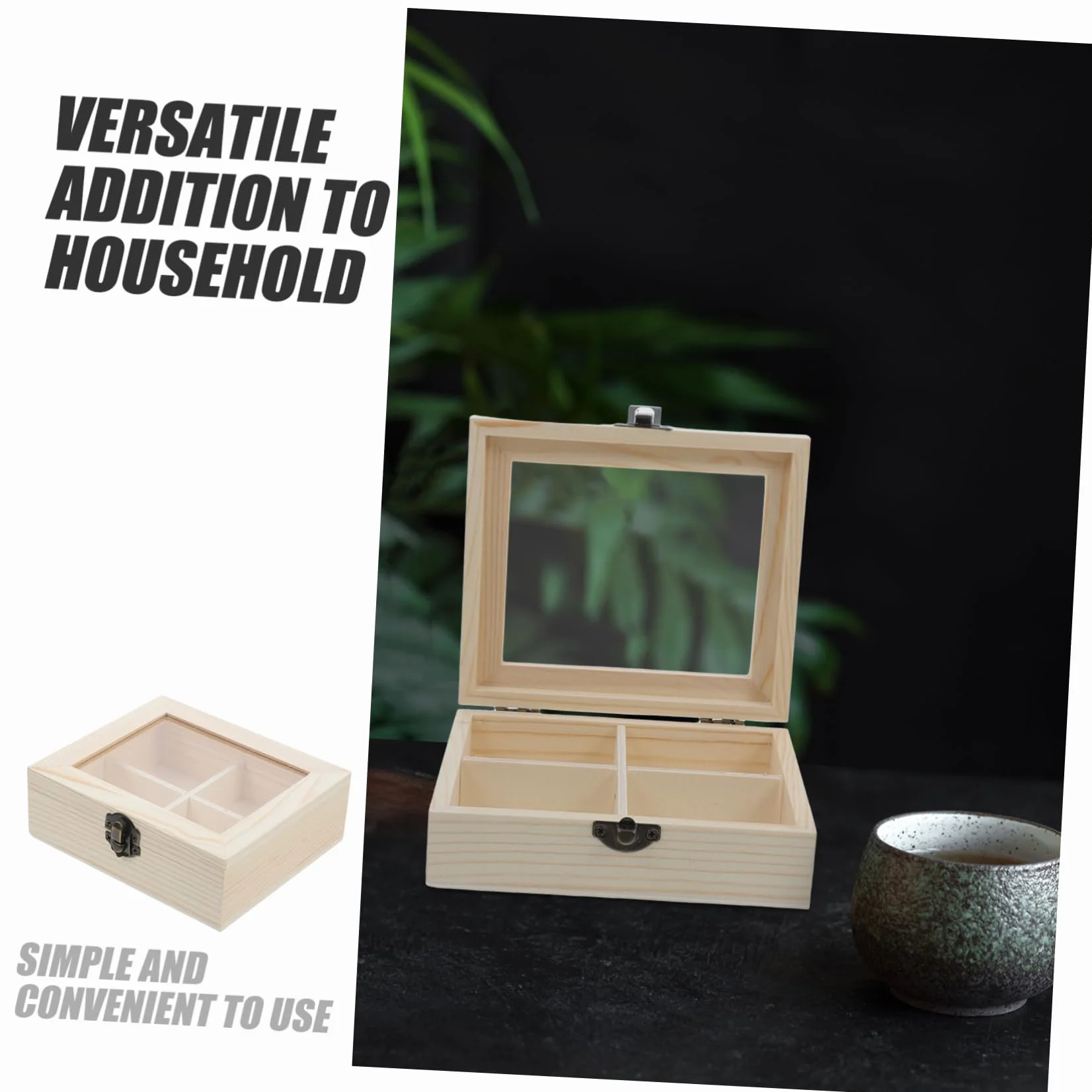 SHOWERORO Caja Organizadora Madera con Ventana Transparente y Cuatro Compartimentos Almacenamiento Multifuncional para Bolsitas Café para Cocina y Oficina