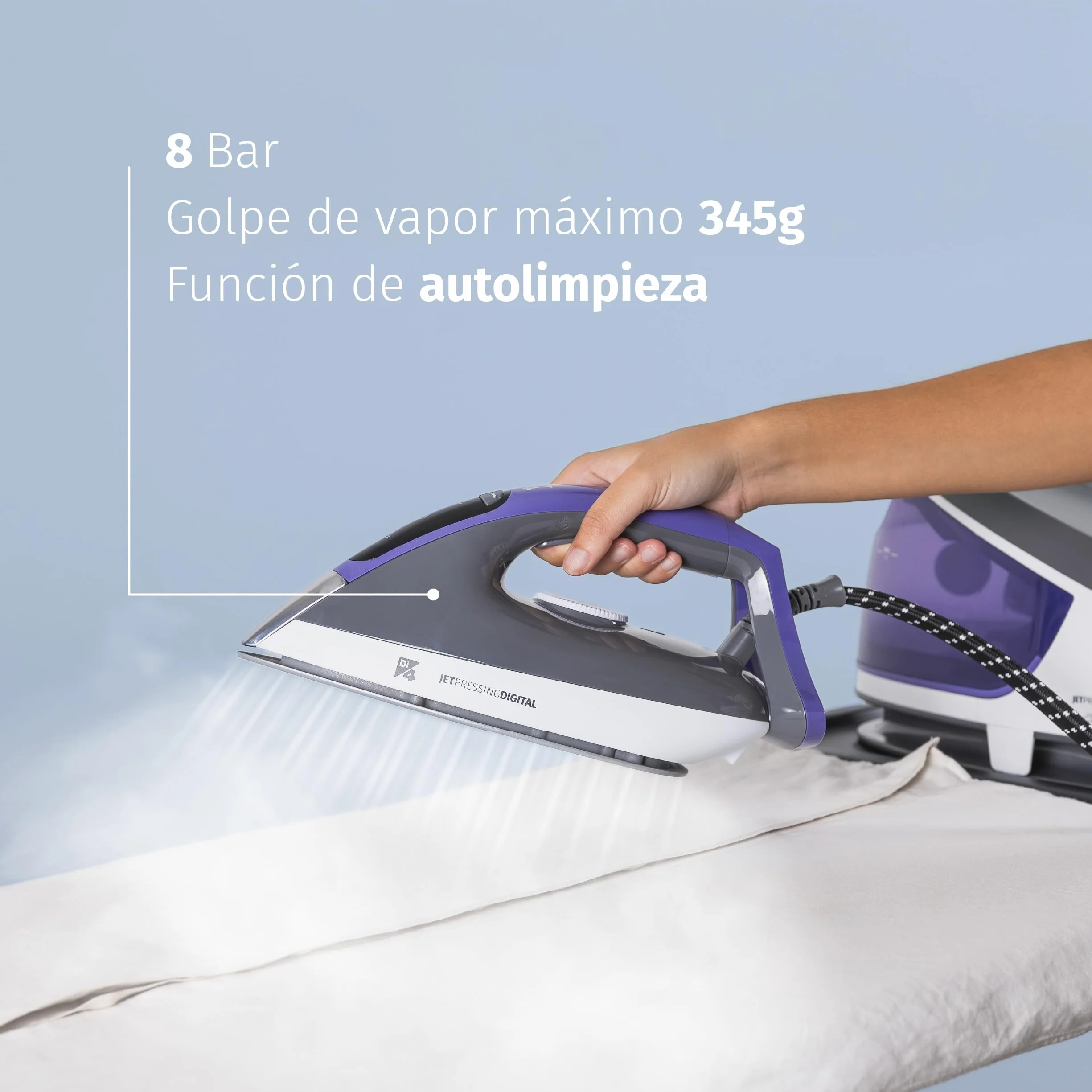 Di4 Centro de Planchado Jet Pressing Digital, Potencia 2600W, 8 Bares, Golpe Vapor 345g, Depósito Extraíble XL 1,5L, Suela Cerámica, Planchado Vertical, Listo en 1 Minuto, Pantalla LED, Autolimpieza