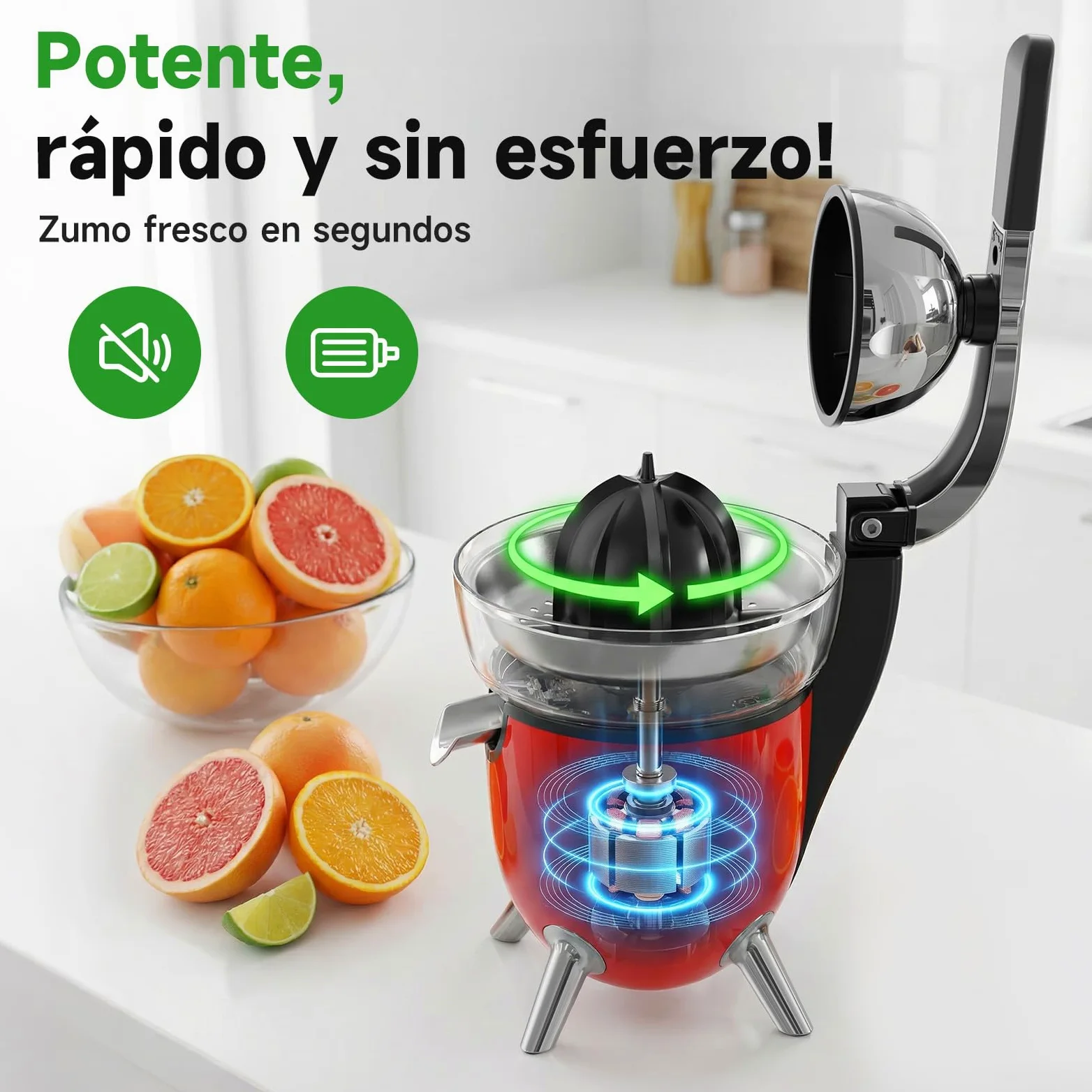 Woox Exprimidor de Naranjas Electrico, con Brazo de Palanca, 100W, Exprimidor Electrico Silencioso con 2 Conos para Limones y Pomelos, Boquilla Antigoteo, Sin BPA, Desmontable y Fácil de Limpiar