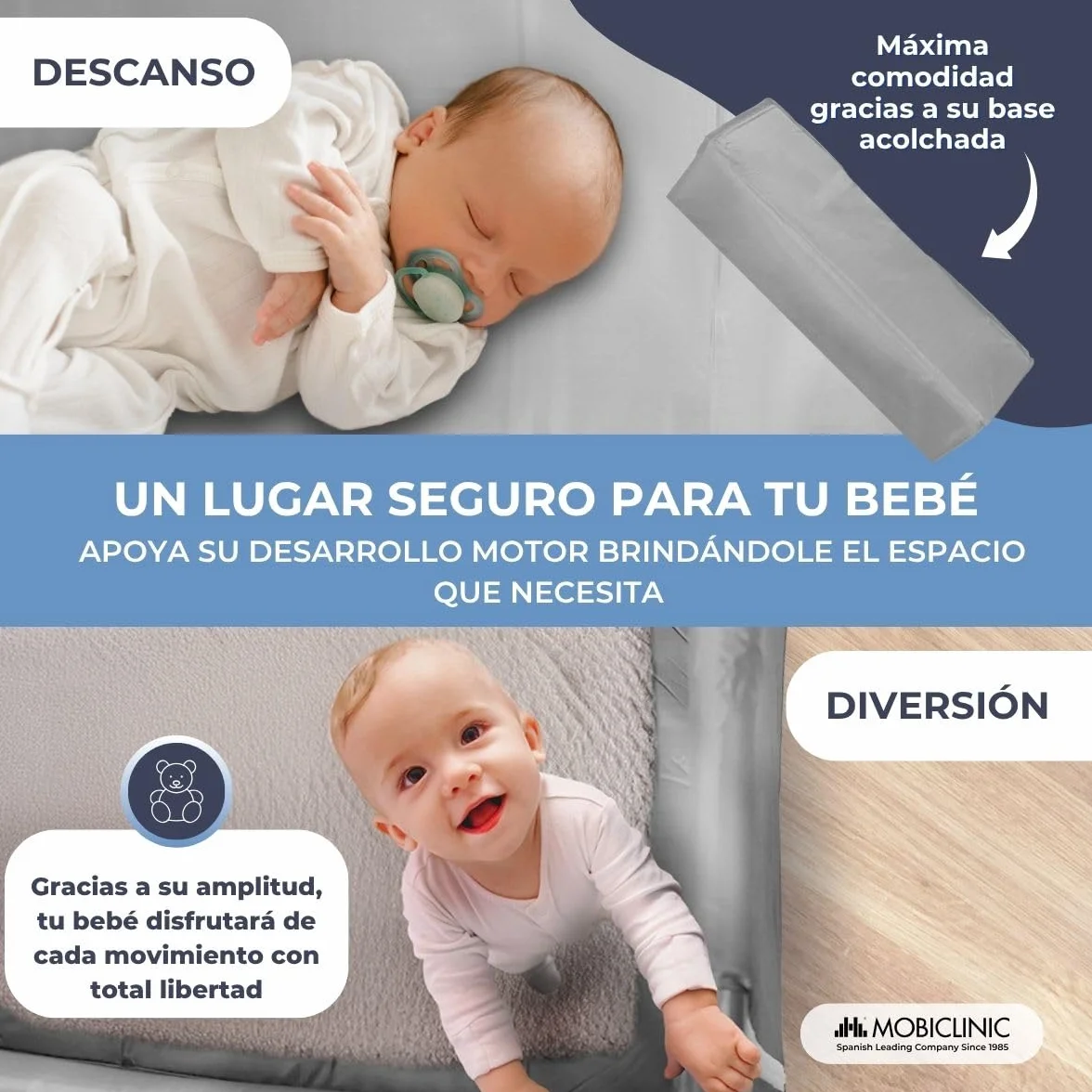 Mobiclinic Cuna de Viaje Bolsa Transporte 2 en 1 Plegado ultracompacto Colchón extraíble hasta 15kg Tela Transpirable Entrada Lateral con Cremallera Parque bebé Ruedas Gris