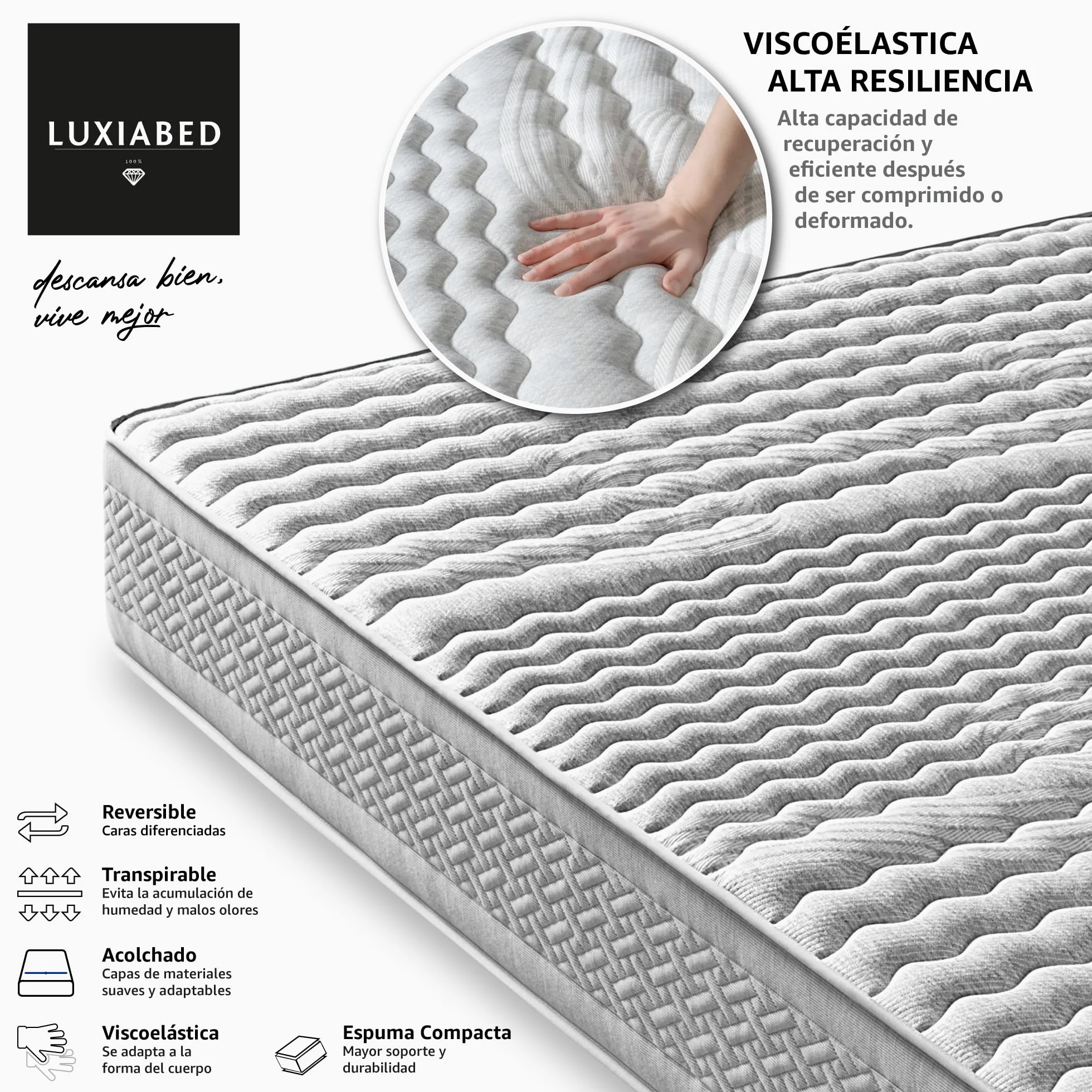 LUXIABED Colchon 150x200 Viscoelastica Dual: Caras Diferenciadas. Confort + Firmeza Media MemorySens. Higiénico y Transpirable. Individual Color Gris. Modelo Optimal Altura 28 cm