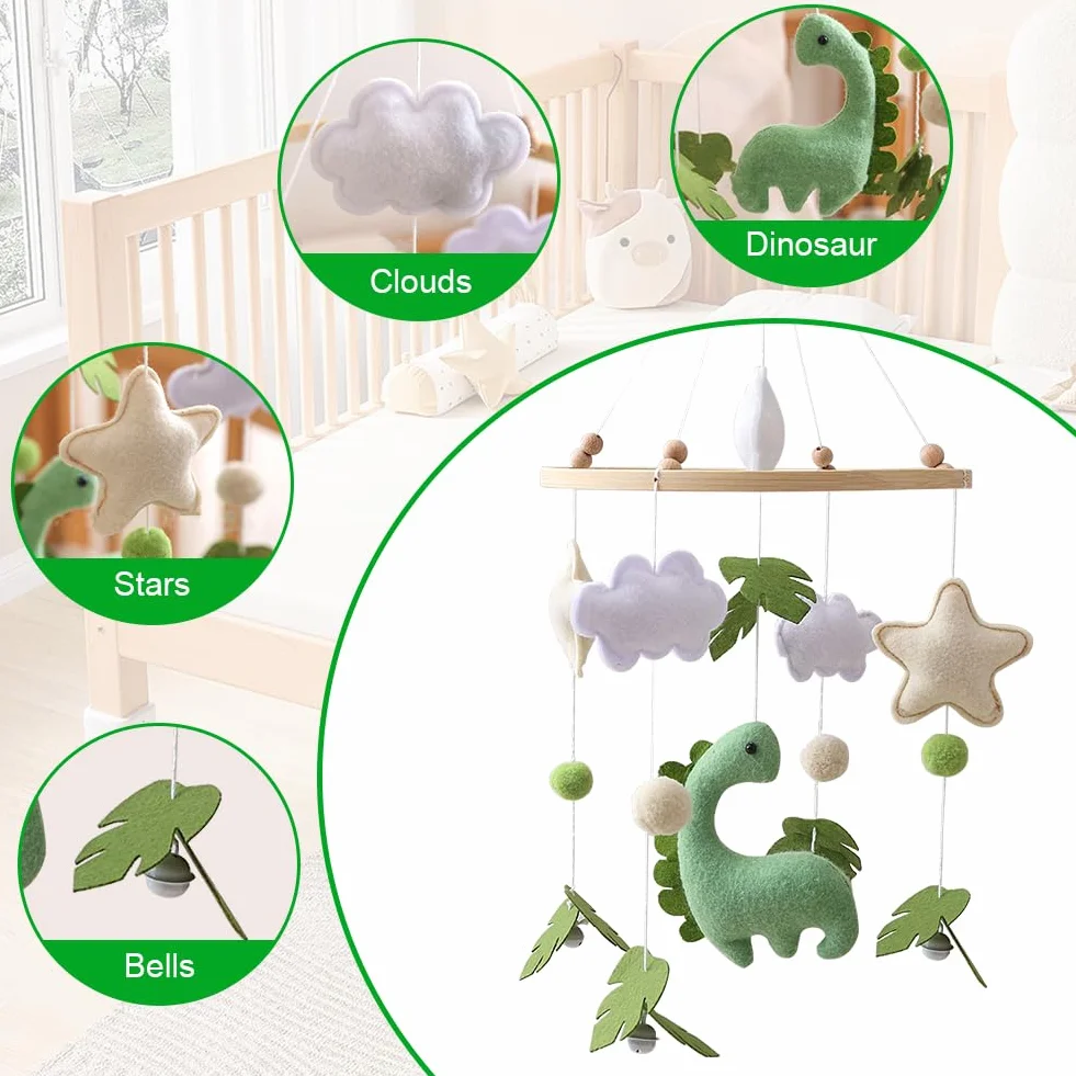 Movil Cuna Bebe de Madera Dinosaurios Hojas Nubes Estrellas Cascabeles Regalo