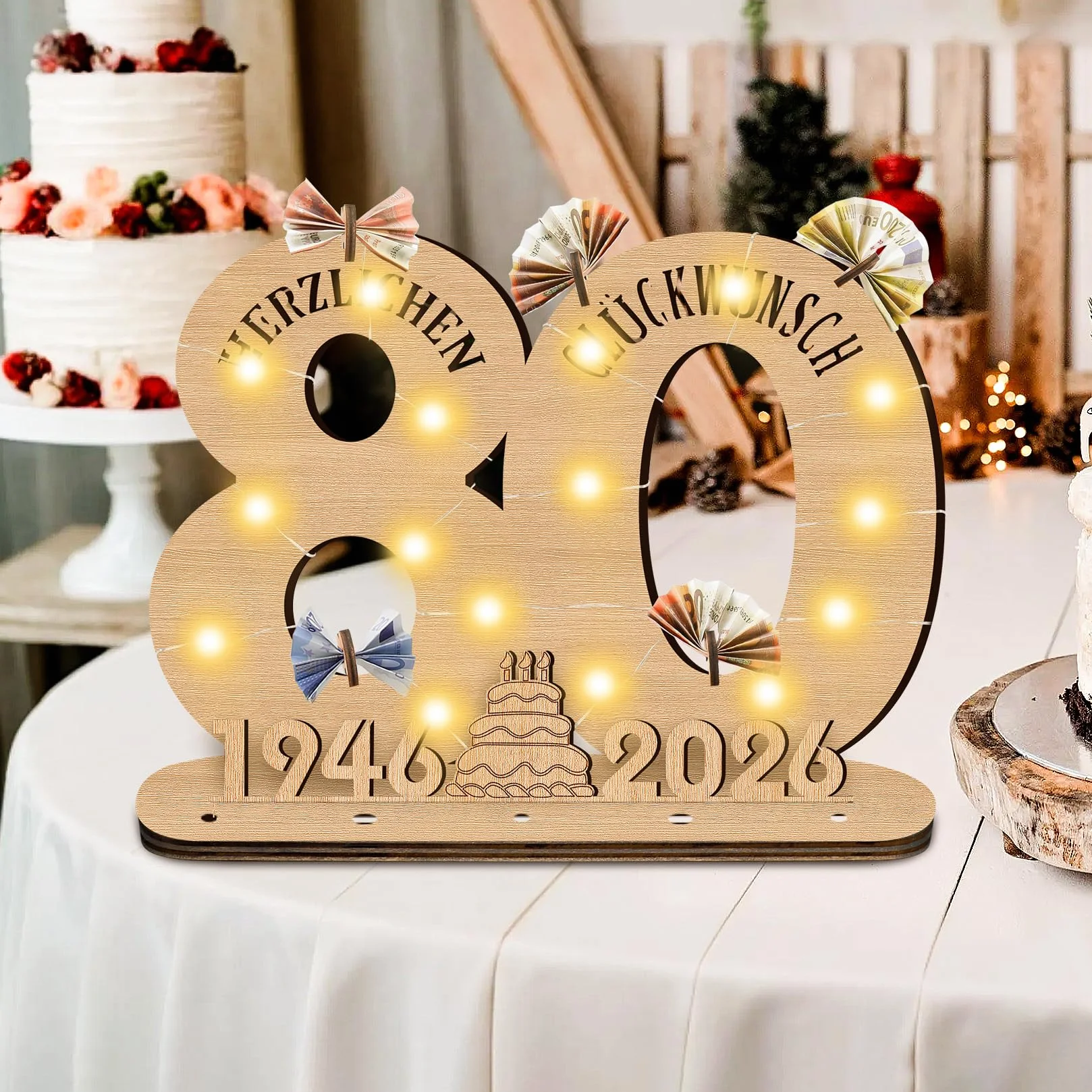2026 80 cumpleaños decoración mujer hombre, regalos para 80 cumpleaños hombre regalos placa de madera con LED, 80 cumpleaños hombre libro de visitas regalo dinero regalos cumpleaños