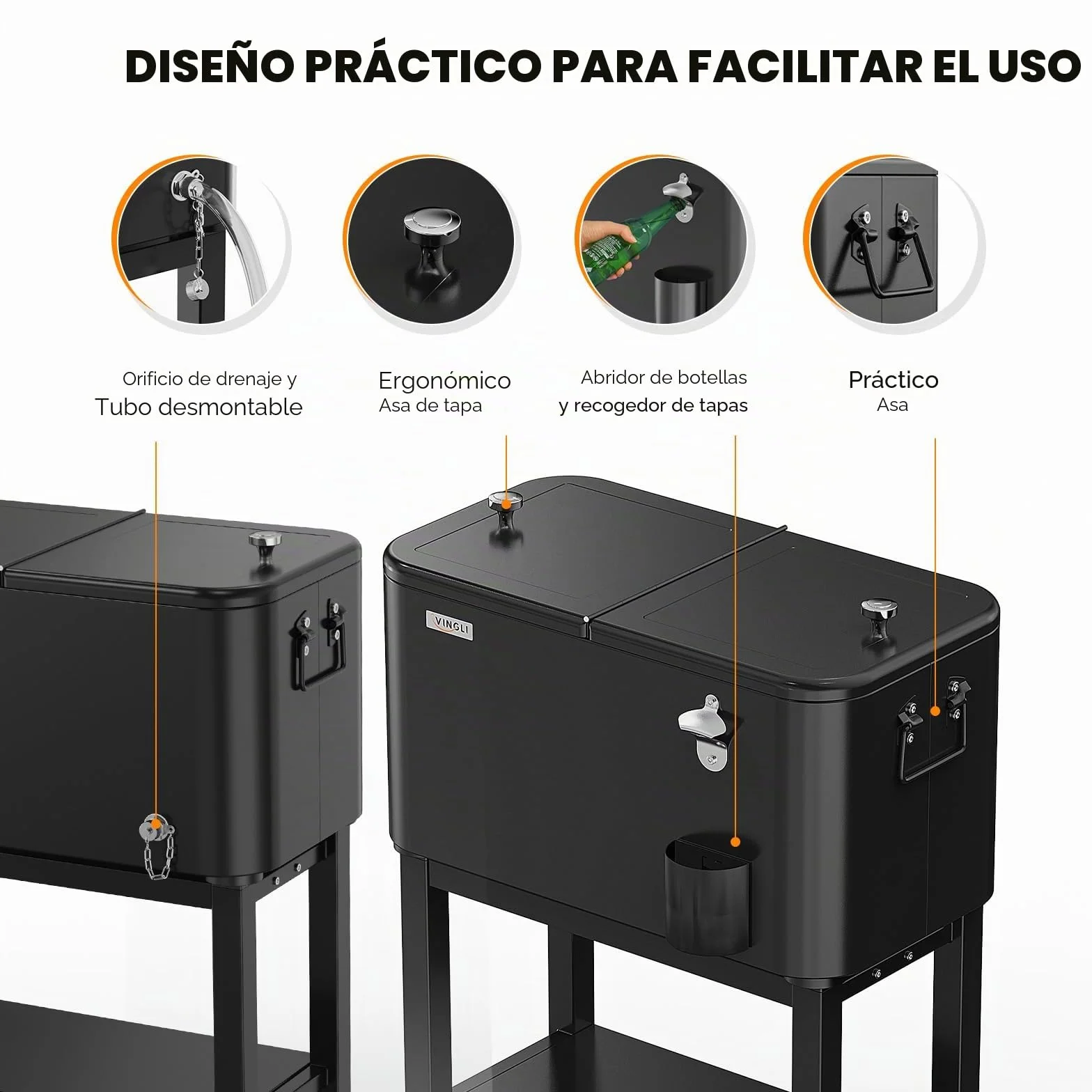 Bonnlo Carro de Servicio de 57L con Ruedas, Carro Auxiliar, Enfriador de Patio, Caja de Enfriamiento, Enfriador de Bebidas con Abrelatas, Ideal para Fiestas y BBQs, 35,5 X 66 X 81 cm, Negro