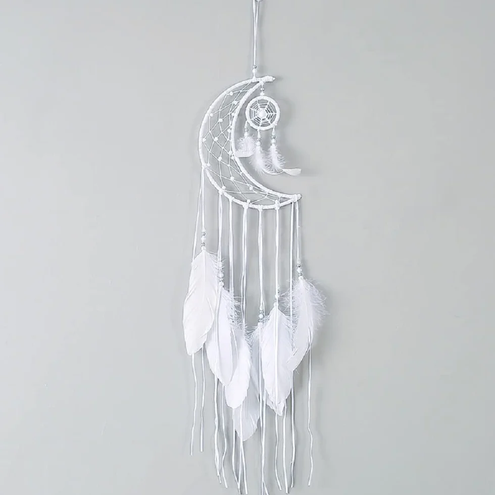 DEGY, Dreamcatcher Vintage Home Decor Sensor de Rêves Tapiz de pared, diseño de luna de algodón con glands decorativos, atrapasueños con plumas, adorno colgante de dormitorio(blanco)