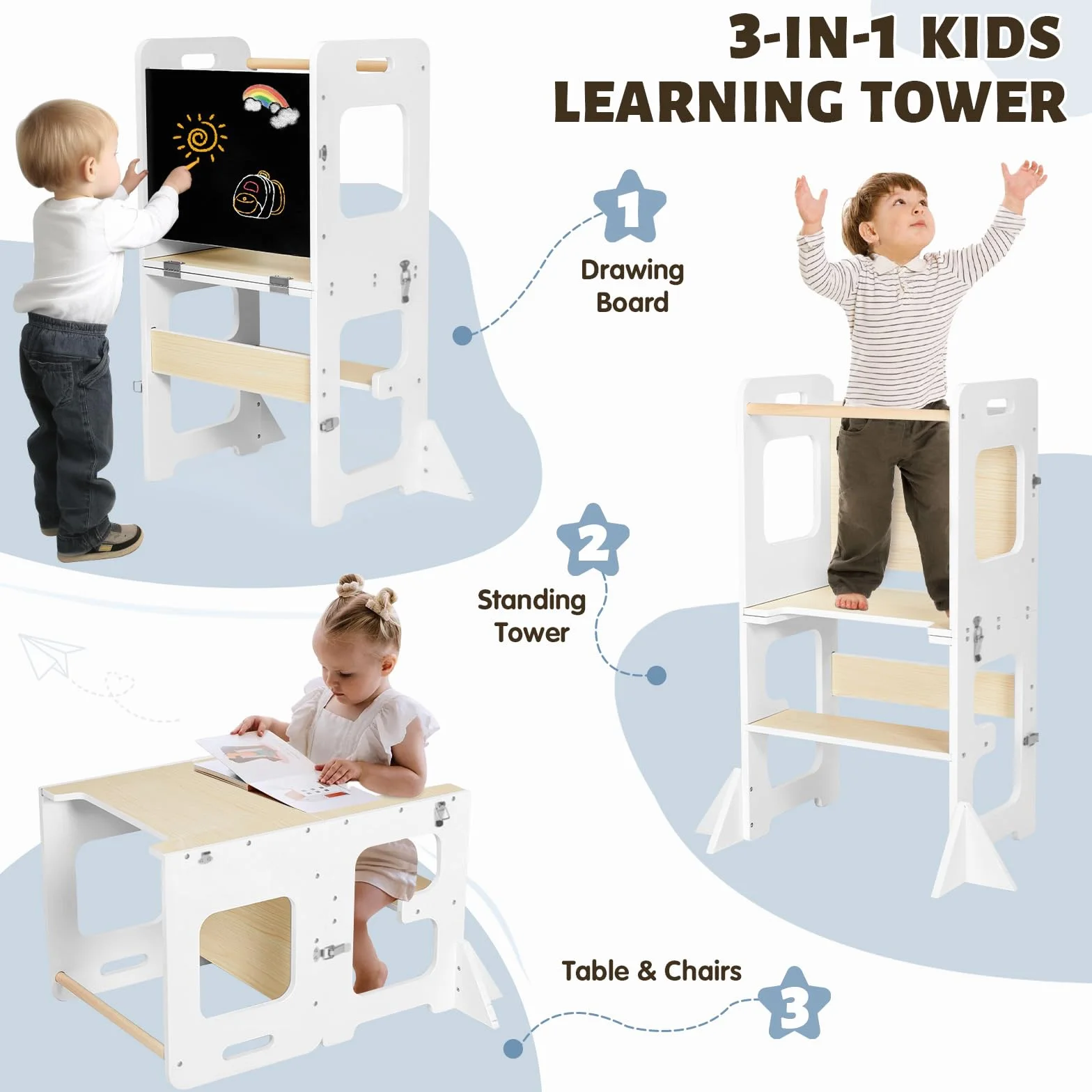 Labebe Torre de Aprendizaje Montessori Plegable 3 en 1 para Niño a Partir de 1 Año Blanco y Madera