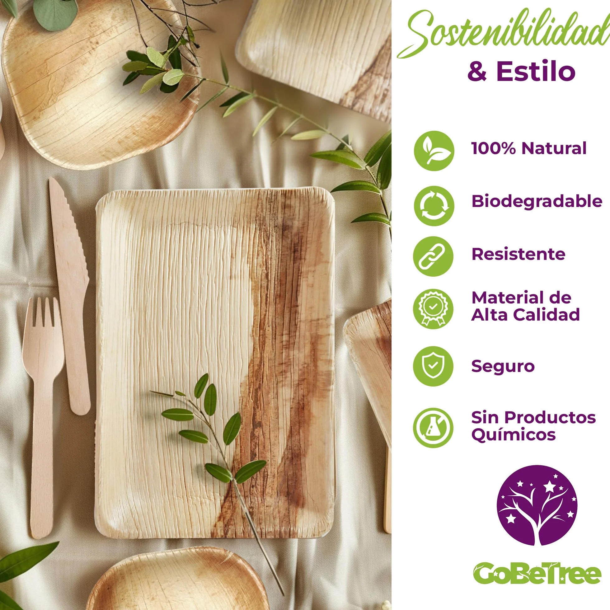 GoBeTree 30 Platos Desechables de Hoja de Palma 23x16 cm. Bandejas Rectangulares Elegantes Estilo Bambú para Tapas, Entrantes y Postres, Vajilla Rústica