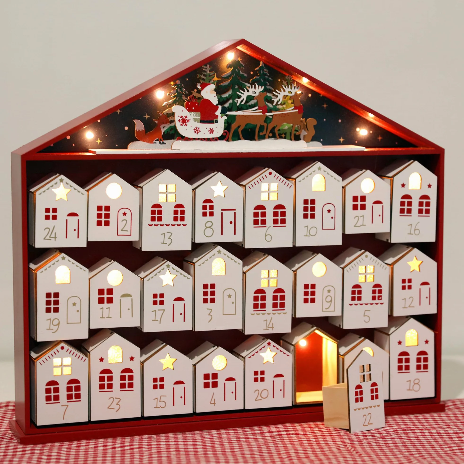PE Calendario de Adviento de madera 2025 con luces LED, calendario de cuenta regresiva de Navidad, cajones en forma de casa, decoración navideña reutilizable, caja de cuenta regresiva de Navidad de 24