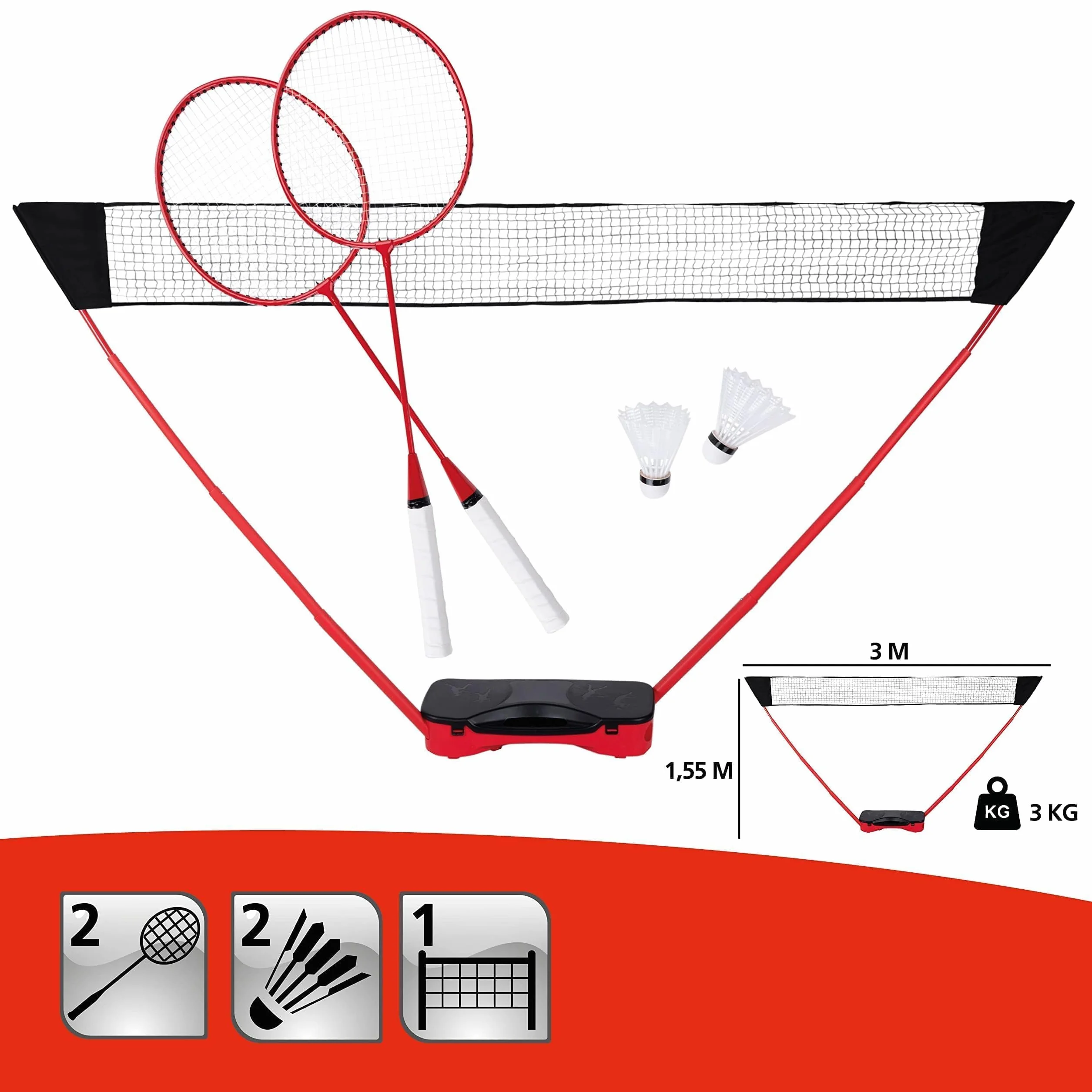 Donnay Juego de bádminton – Juego de voleibol para 2 personas – con volantes, raqueta de bádminton y red – Juego completo con bolsa de viaje – Red de voleibol 155 x 300 cm – para jardín y camping –
