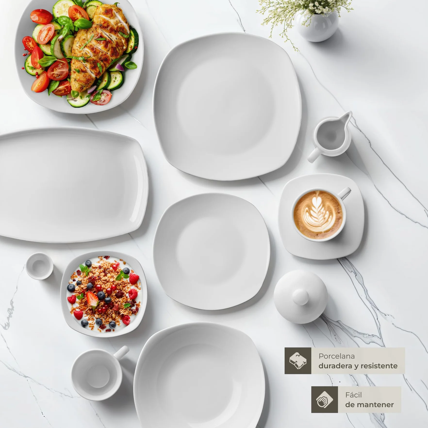 tectake® Juego de Vajilla de Porcelana, 100 Piezas para 12 Personas, Apta para Lavavajillas y Microondas, Platos y Cuencos Apilables, Resistente a Arañazos, Vajilla Completa Ideal para Cocina Moderna