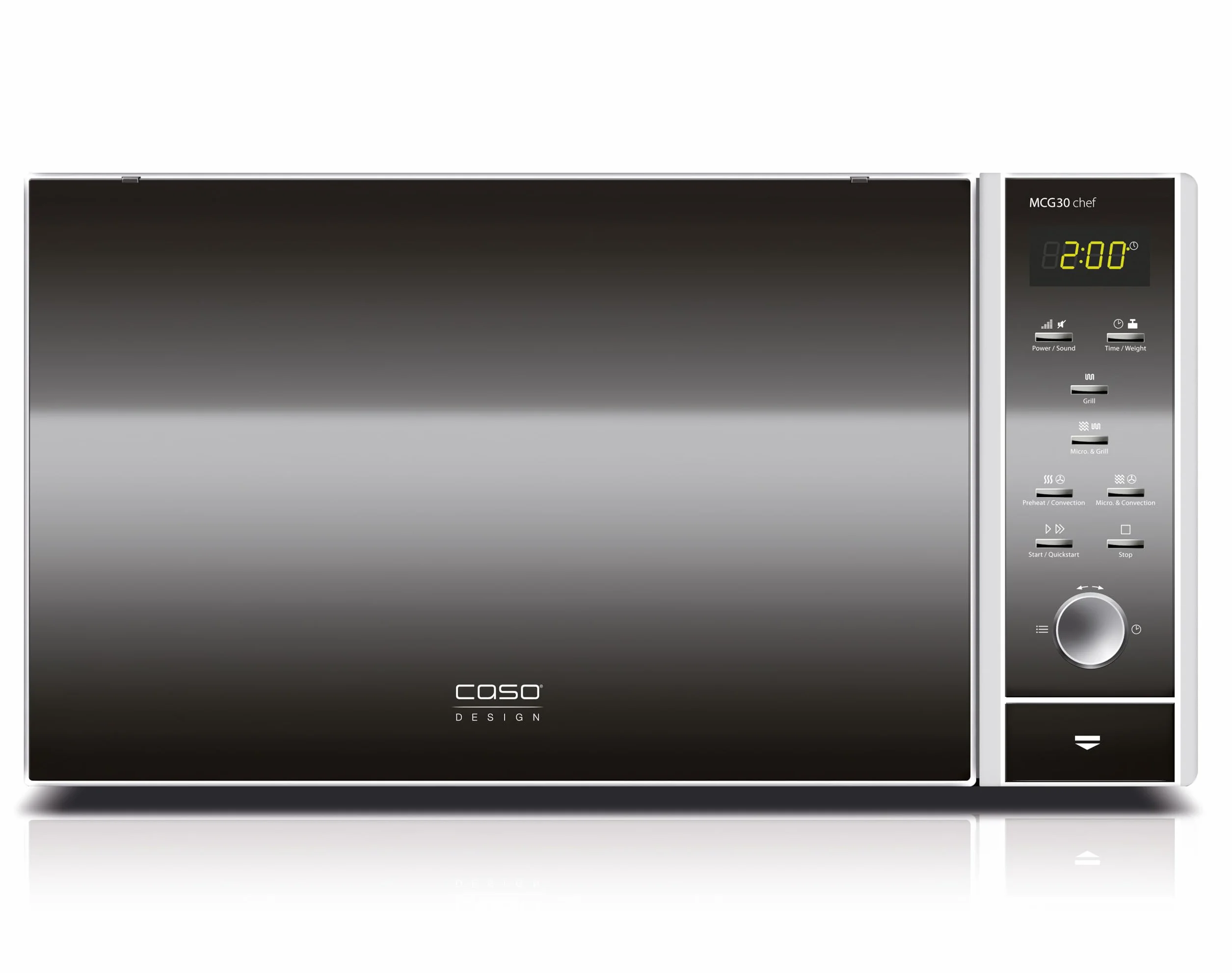CASO MCG 30 Chef - microondas 3 en 1 de 900W con grill de 1250W y aire caliente de 2200W - Capacidad de 30L - Plato giratorio Ø 31,5 cm - pantalla digital, frontal espejado - acero inoxidable y negro