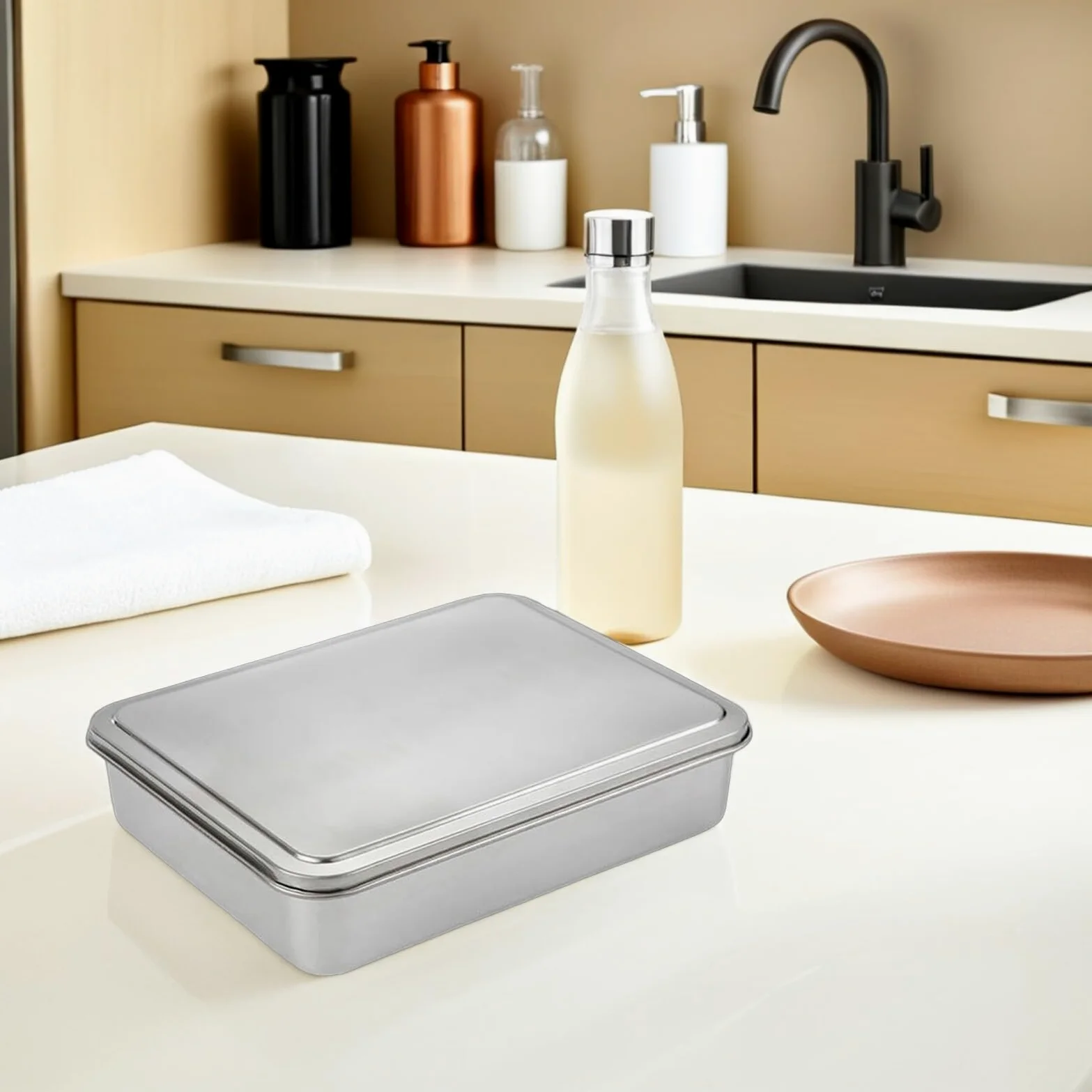 Molde para Pasteles Rectangular de Acero Inoxidable con Tapa Antiadherente Tamaño 335X285X6 CM Adecuado para Hornear Tiramisú y Conservar Postres Molde de Repostería