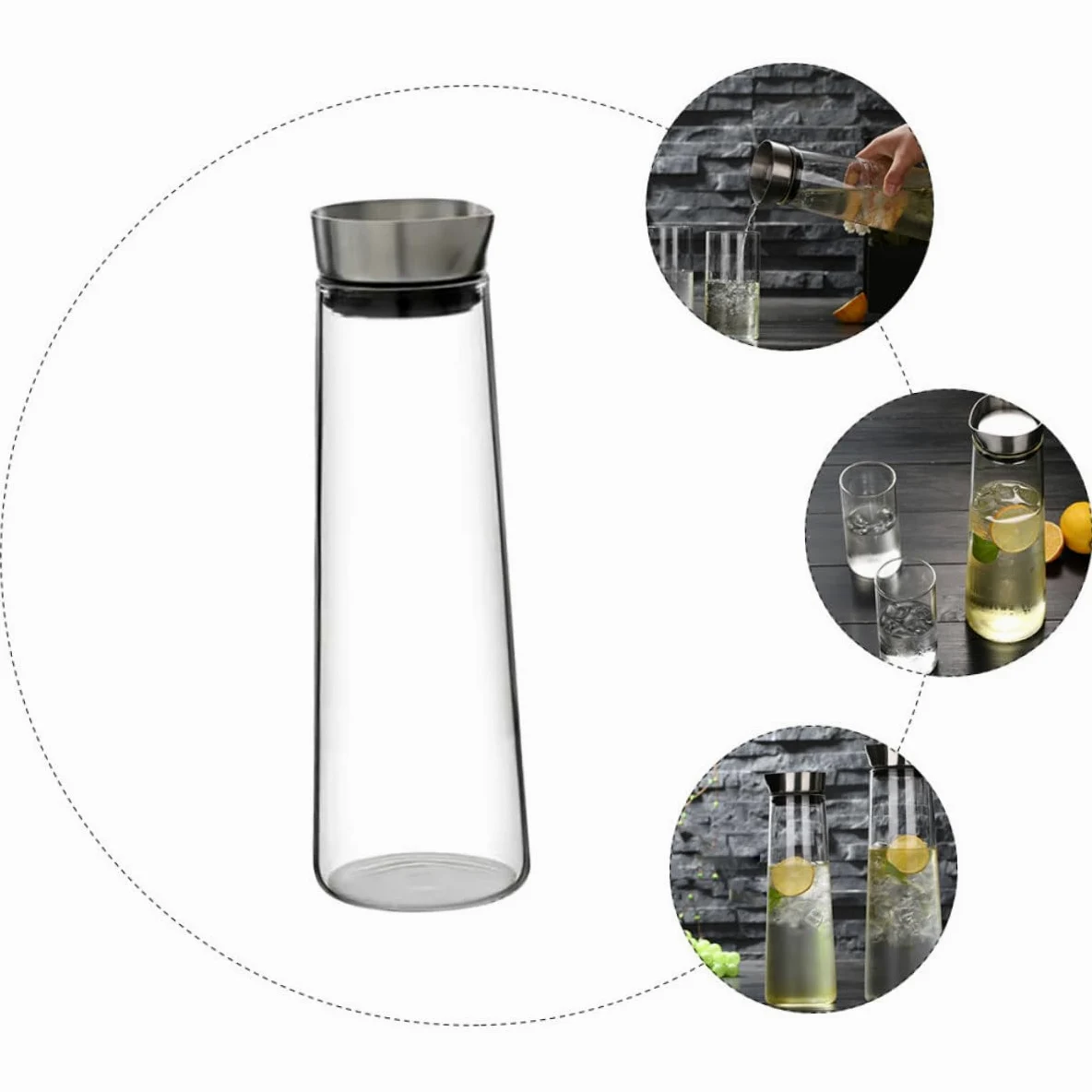 DOITOOL Jarra de Agua Fría de Vidrio de Borosilicato 1L Tapa de Acero Inoxidable Diseño Recto Antidesbordamiento Recipiente Transparente para Jugo Adecuado para Uso Doméstico y Oficina