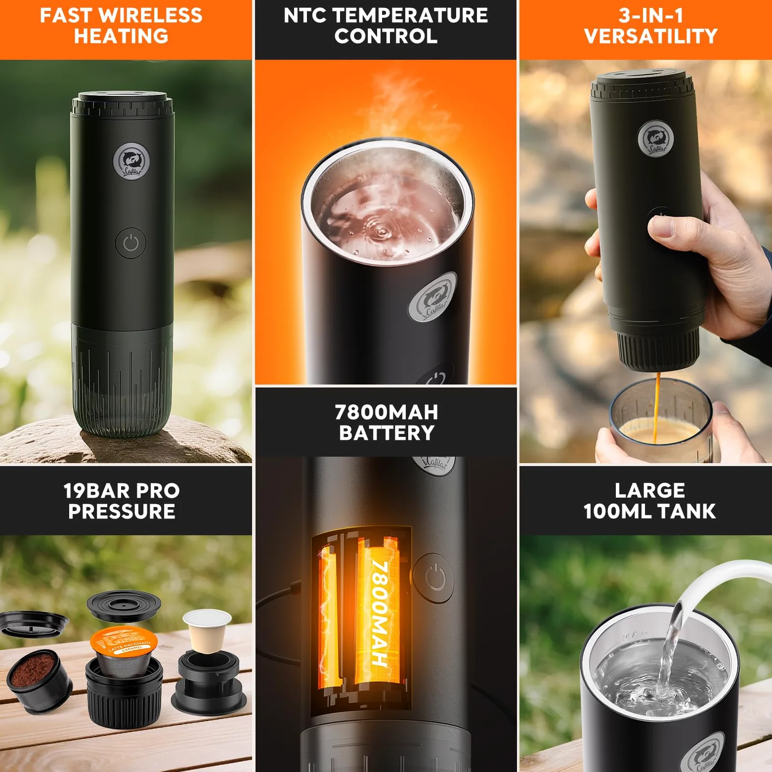 Cafetera espresso portátil con autocalentamiento, cafetera eléctrica de viaje de 19 bares para campamento y coche, mini máquina de espresso 2 en 1 compatible con cápsulas Nespresso y café molido