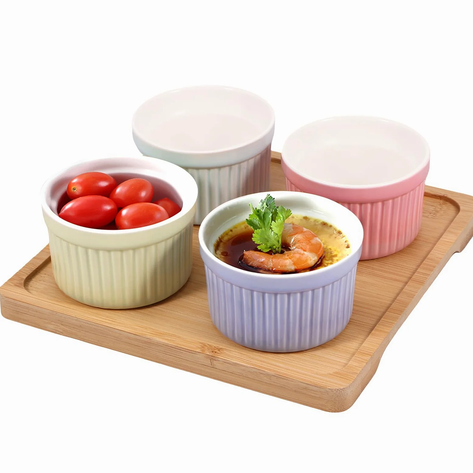 Juego de 4 moldes de cerámica for ramequines con bandeja de 4 oz for horno, cuencos pequeños for hornear, moldes apilables for crema brûlée y natillas