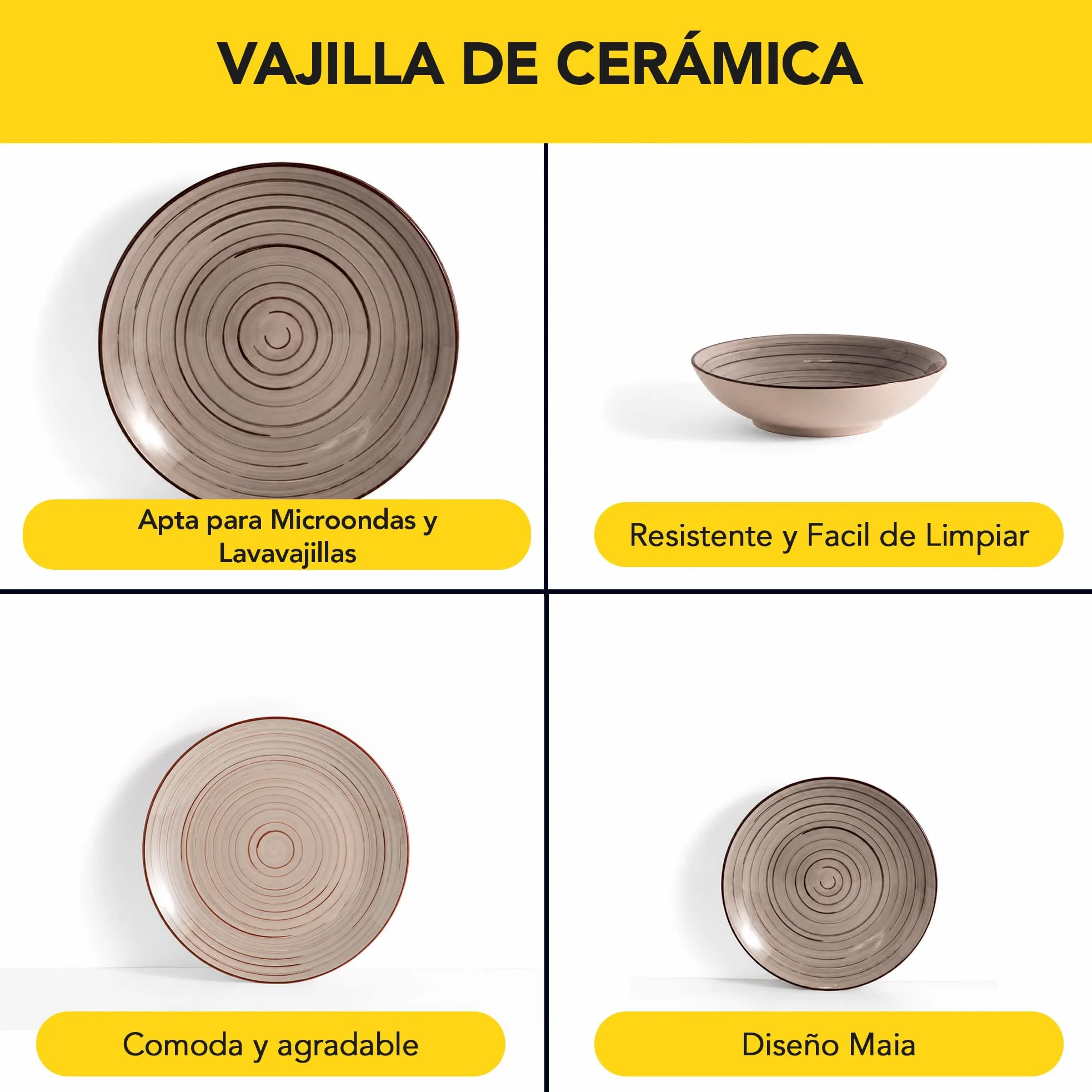 CASTEY - Vajilla Maia Terra de 12 Piezas para 4 Personas, Loza Cerámica Resistente, Incluye 4 Platos Llanos, 4 Platos Hondos y 4 Platos de Postre, Apta para Microondas y Lavavajillas, Fácil Limpieza